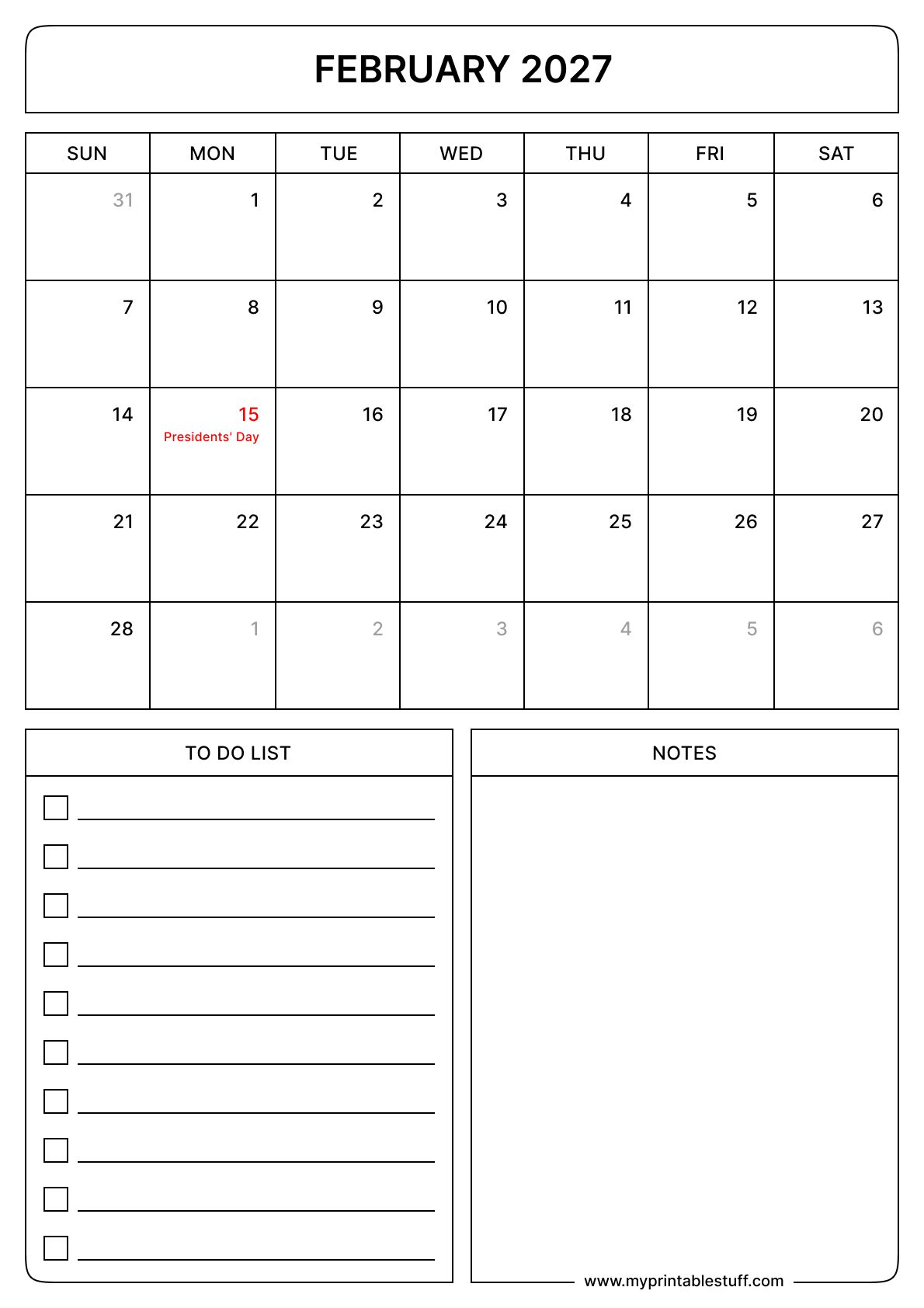 Printable February 2027 Calendar With US Holidays Portrait