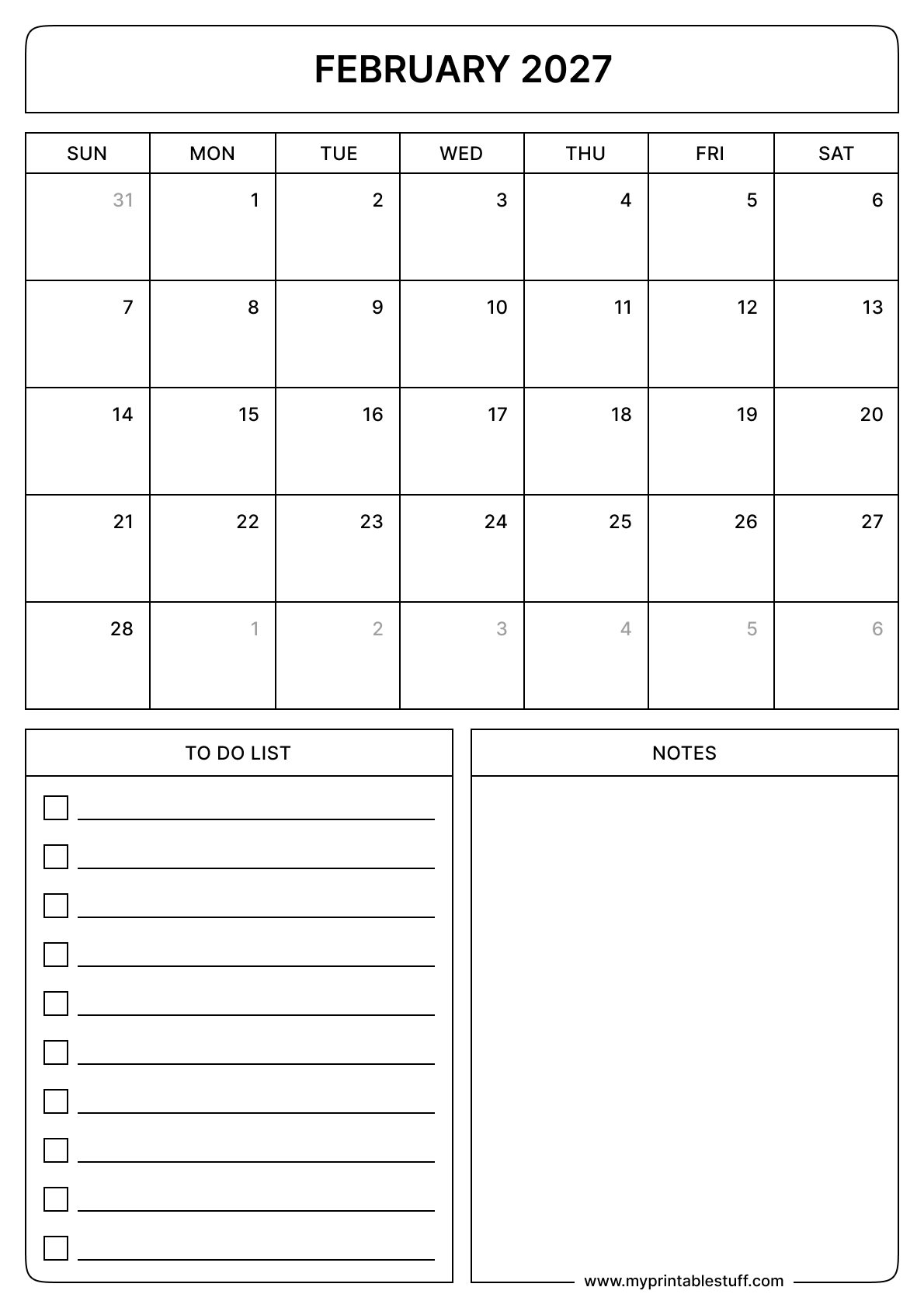 February 2027 Calendar  Portrait