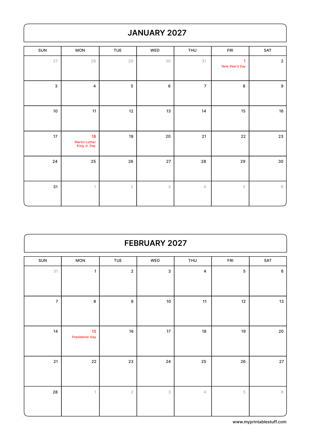 January February Calendar 2027 With US Holiday