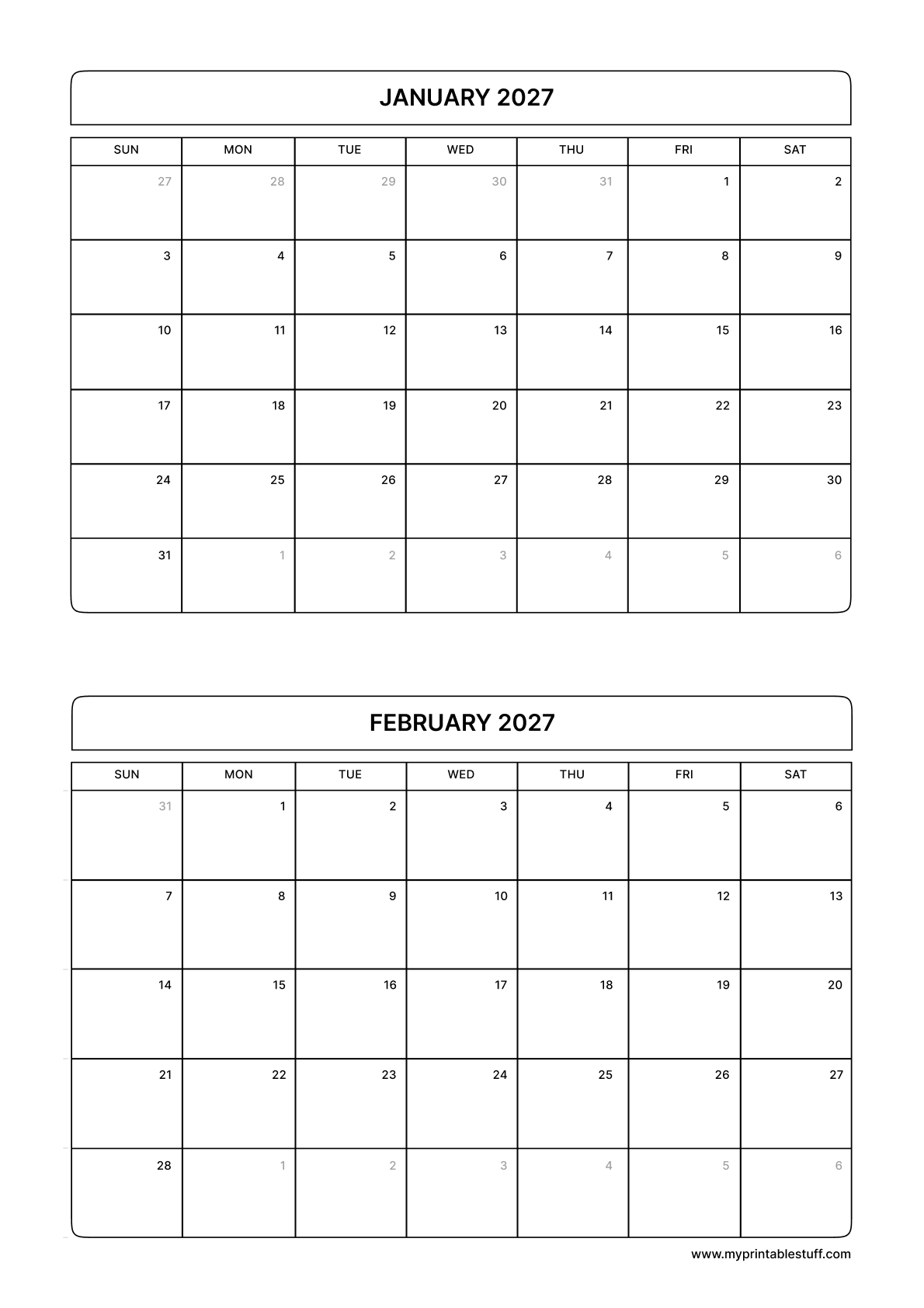 January February Calendar 2027 Portrait