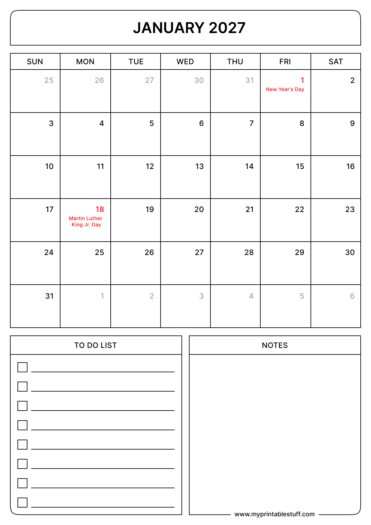 Printable January 2027 Calendar With US Holidays Portrait