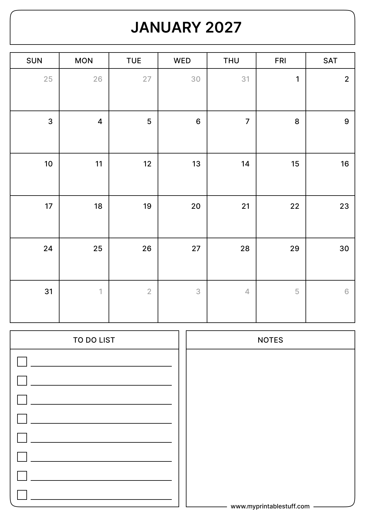 January 2027 Calendar Portrait