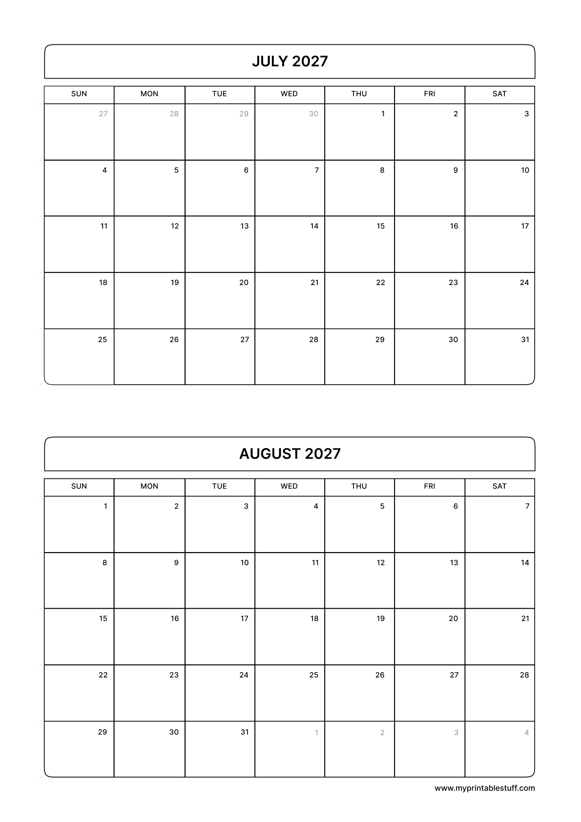 Printable July August Calendar 2027 