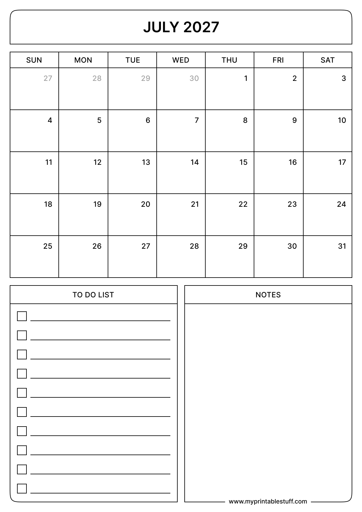 July 2027 Calendar Portrait