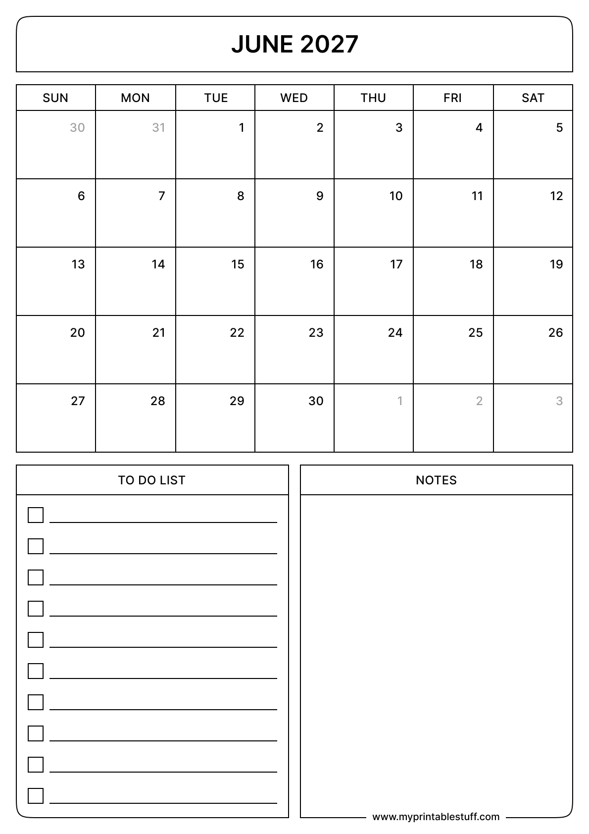 June 2027 Calendar Portrait