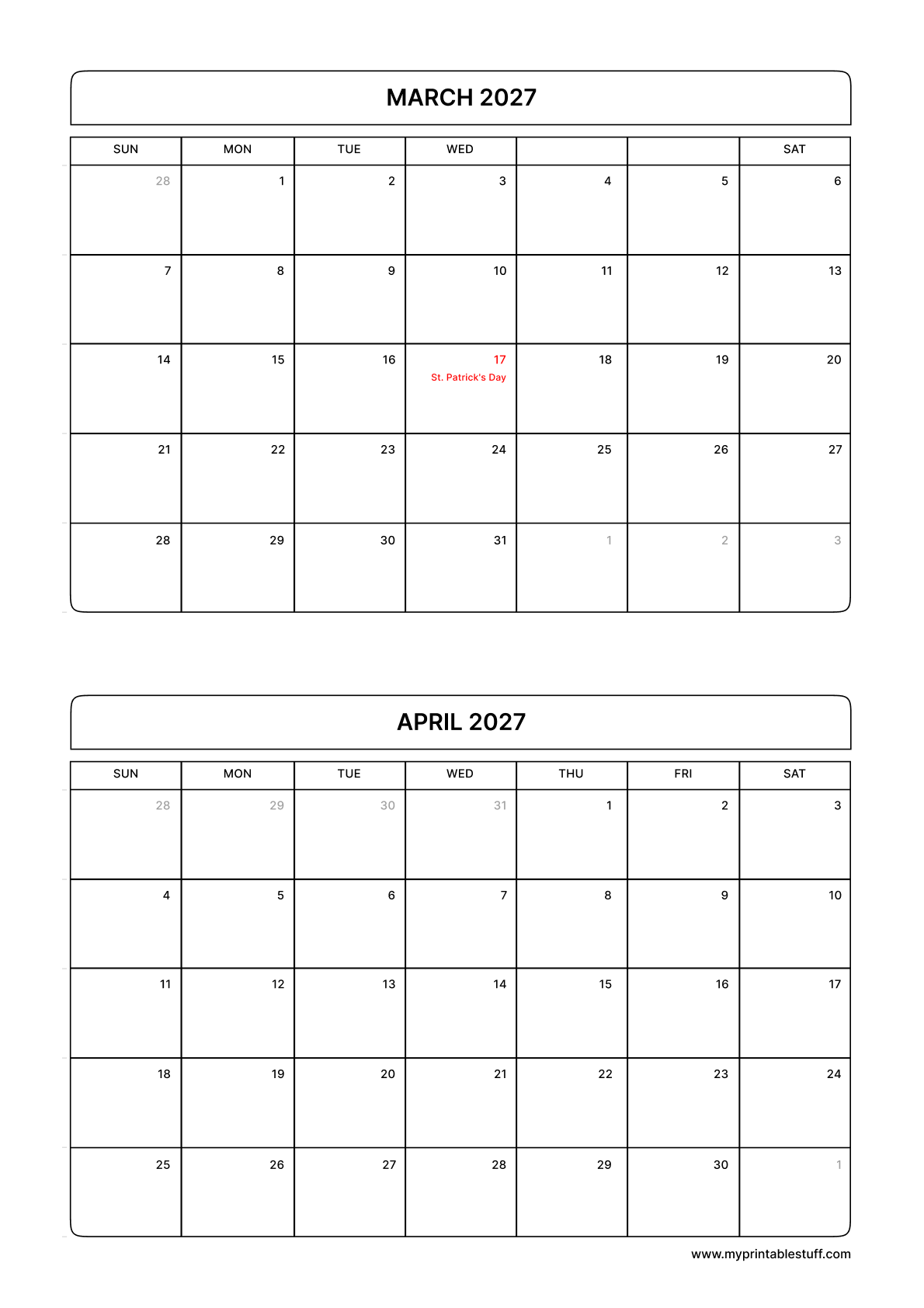 Printable March April Calendar 2027 With US Holiday Portrait