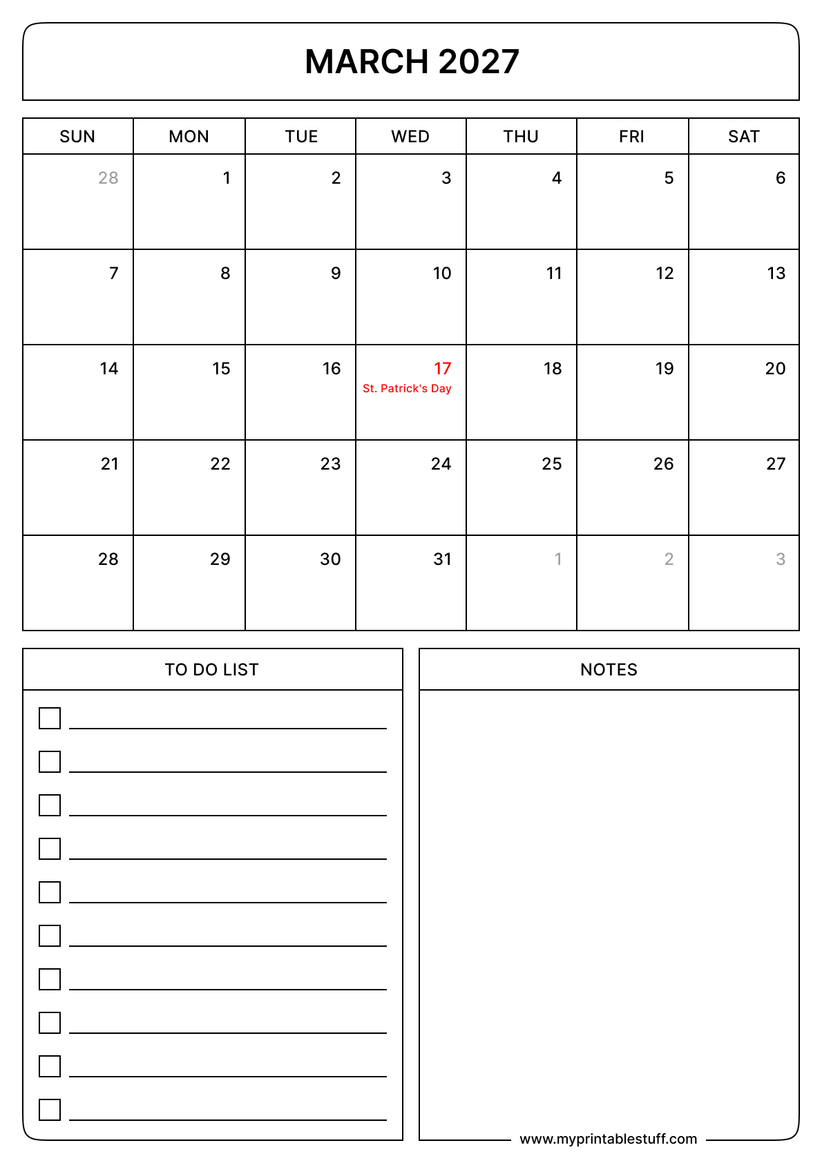 Printable March 2027 Calendar With US Holidays Portrait