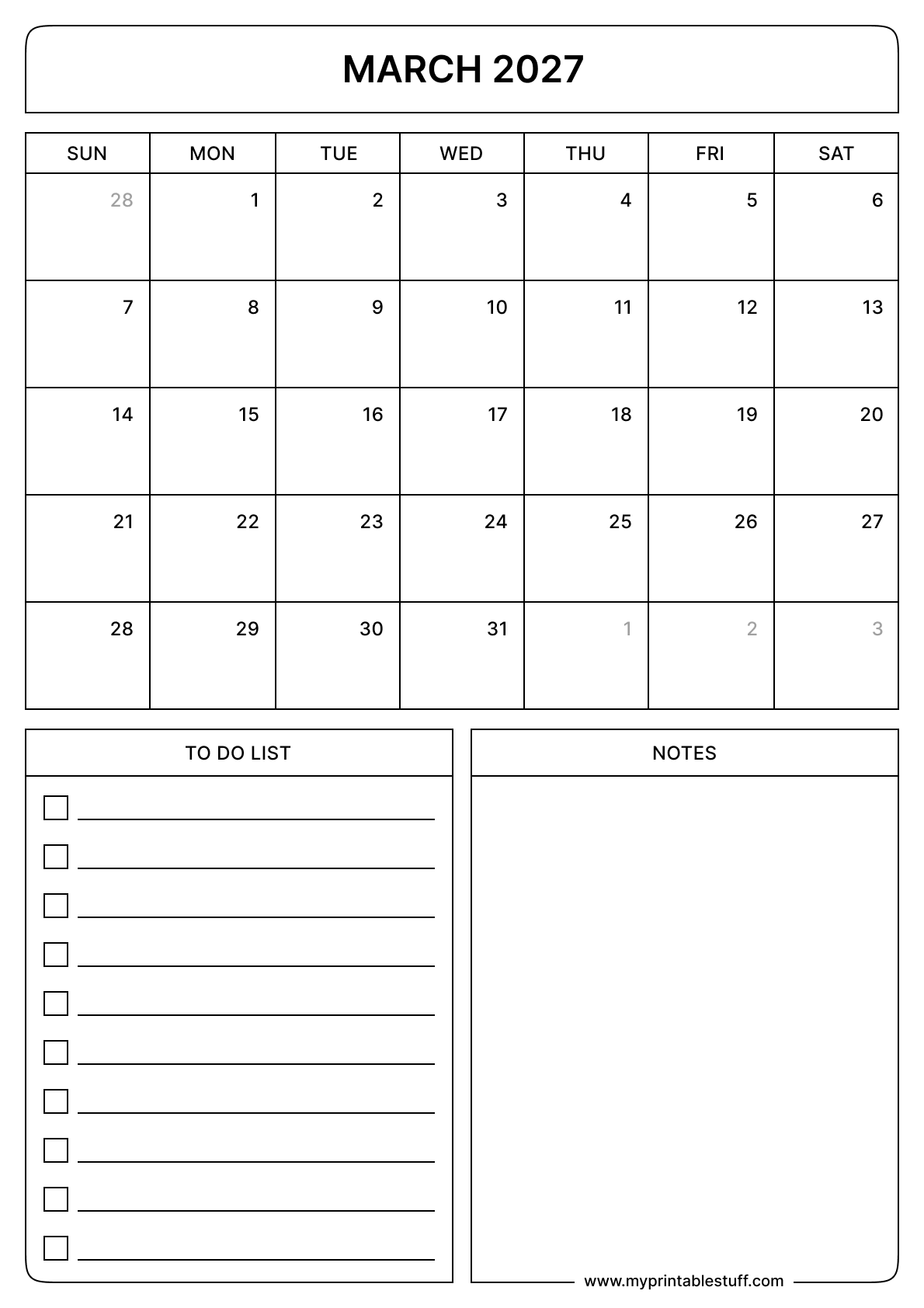 March 2027 Calendar Portrait
