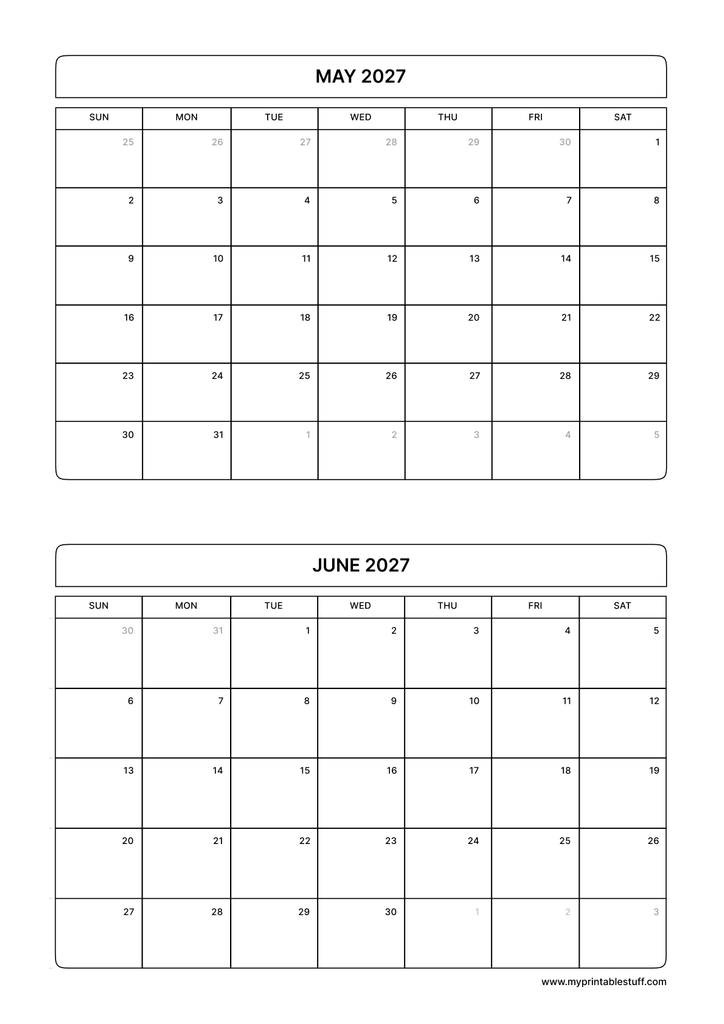 Printable May June Calendar 2027