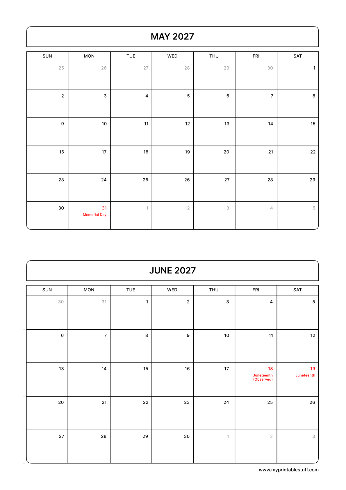 Printable May April Calendar 2027 With US Holiday