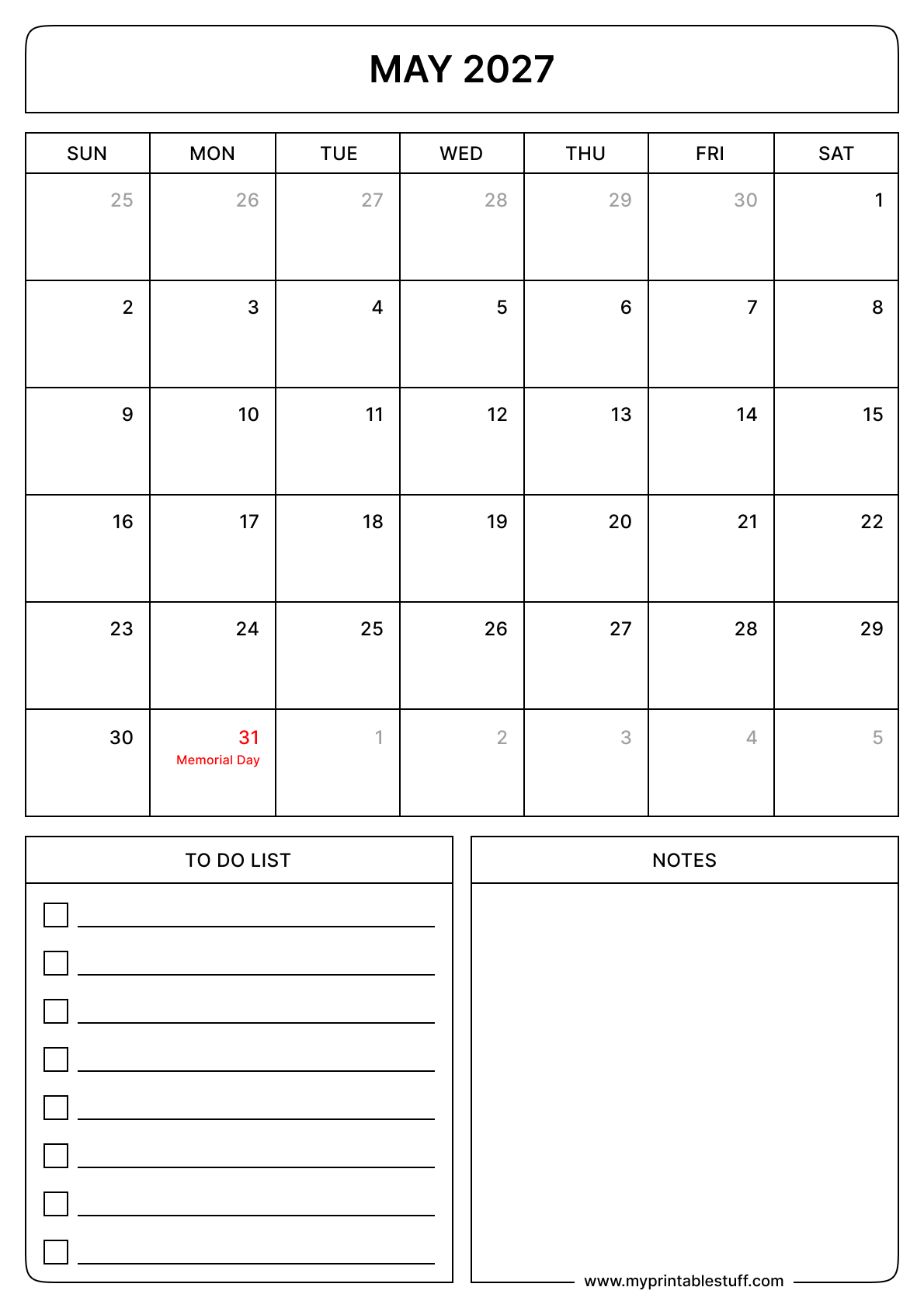 Printable May 2027 Calendar With US Holidays Portrait