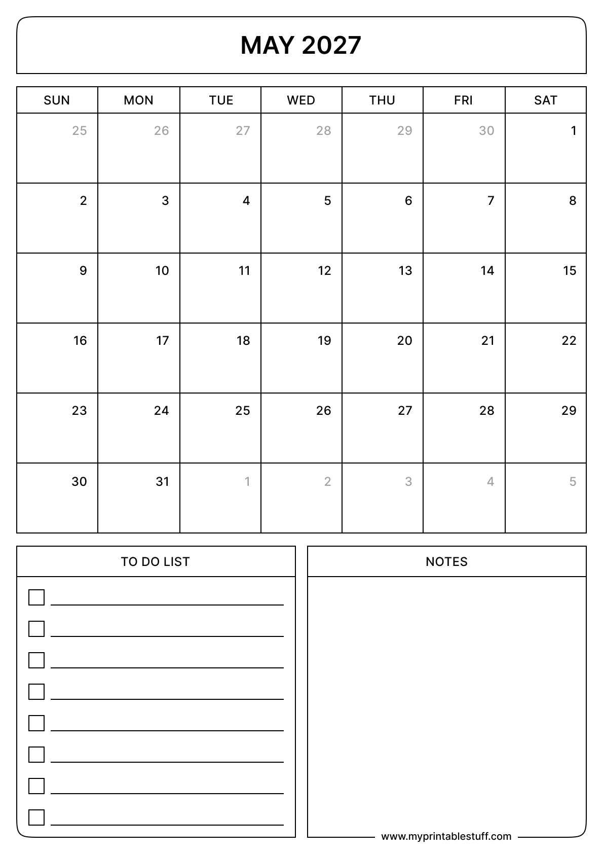 May 2027 Calendar  Portrait