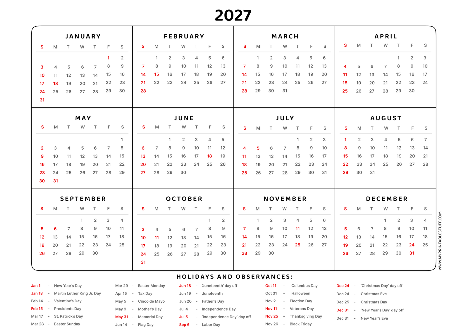 Printable 2027 Calendar with US Holidays Landscape