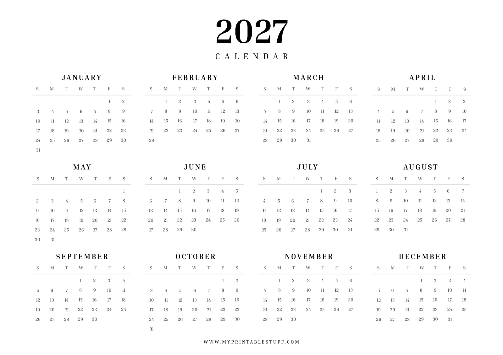 Printable 2027 Calendar Landscape