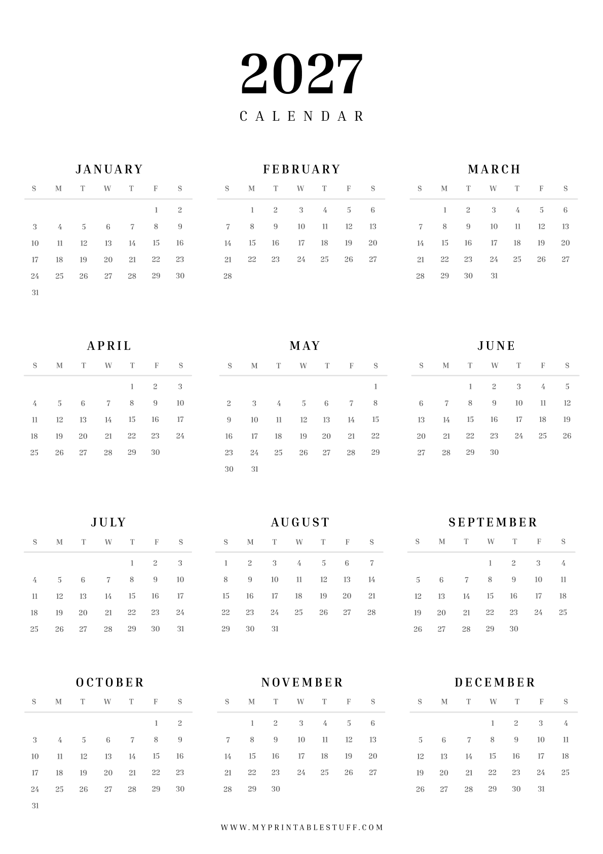Printable 2027 Calendar Portrait