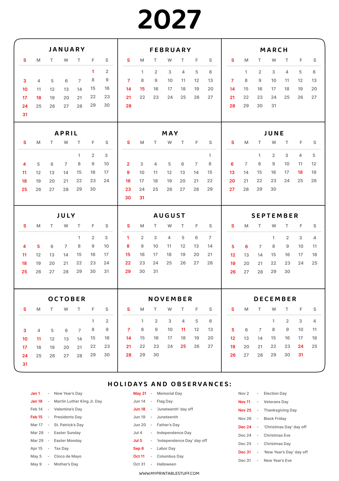 Printable 2027 Calendar with US Holidays  Portrait