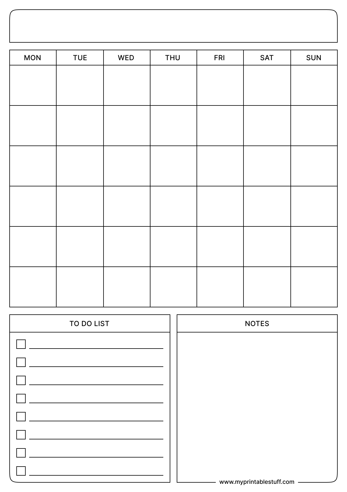 Printable Blank Calendar Monday Start Portrait