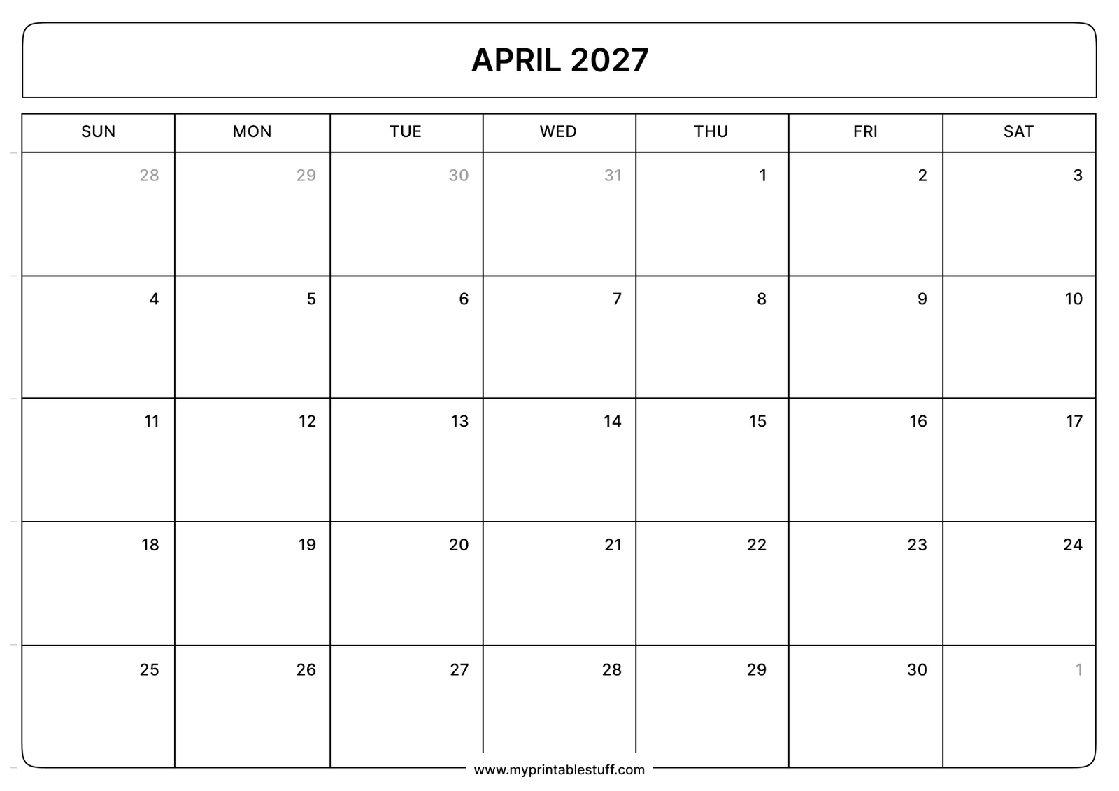 April 2027 Calendar Landscape