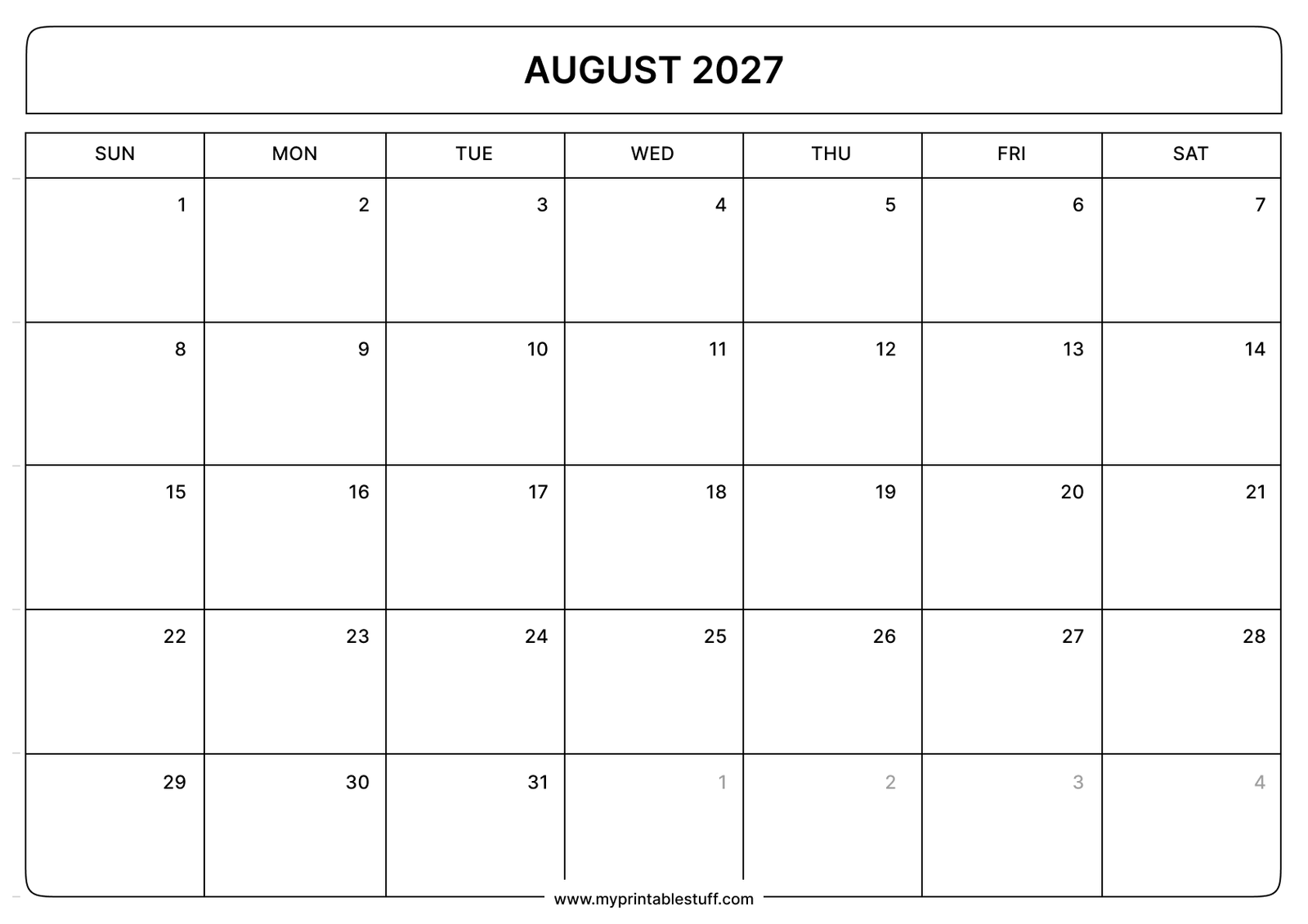 August 2027 Calendar Landscape