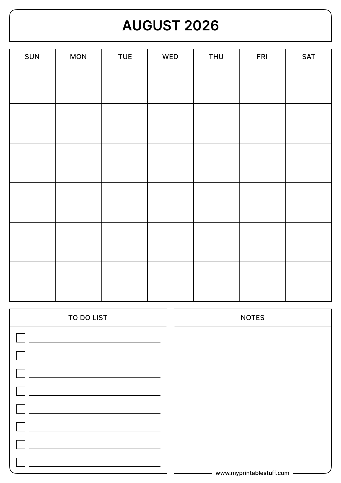 Blank Printable August 2026 Calendar - Portrait