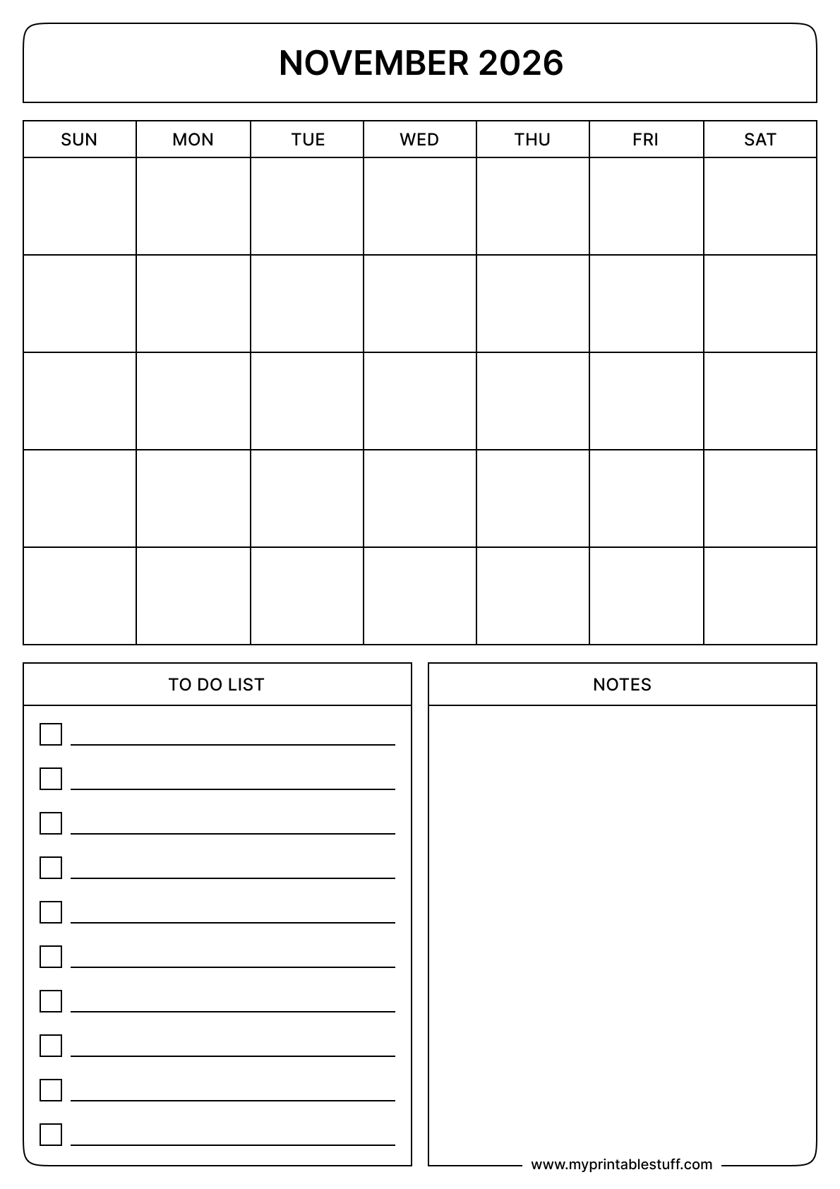 Blank Printable November 2026 Calendar Portrait