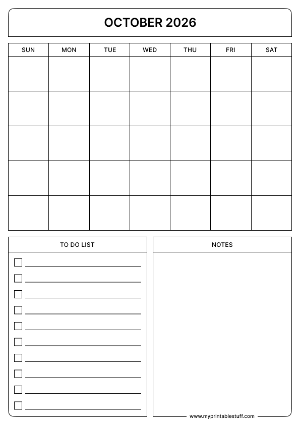 Blank Printable October 2026 Calendar Portrait