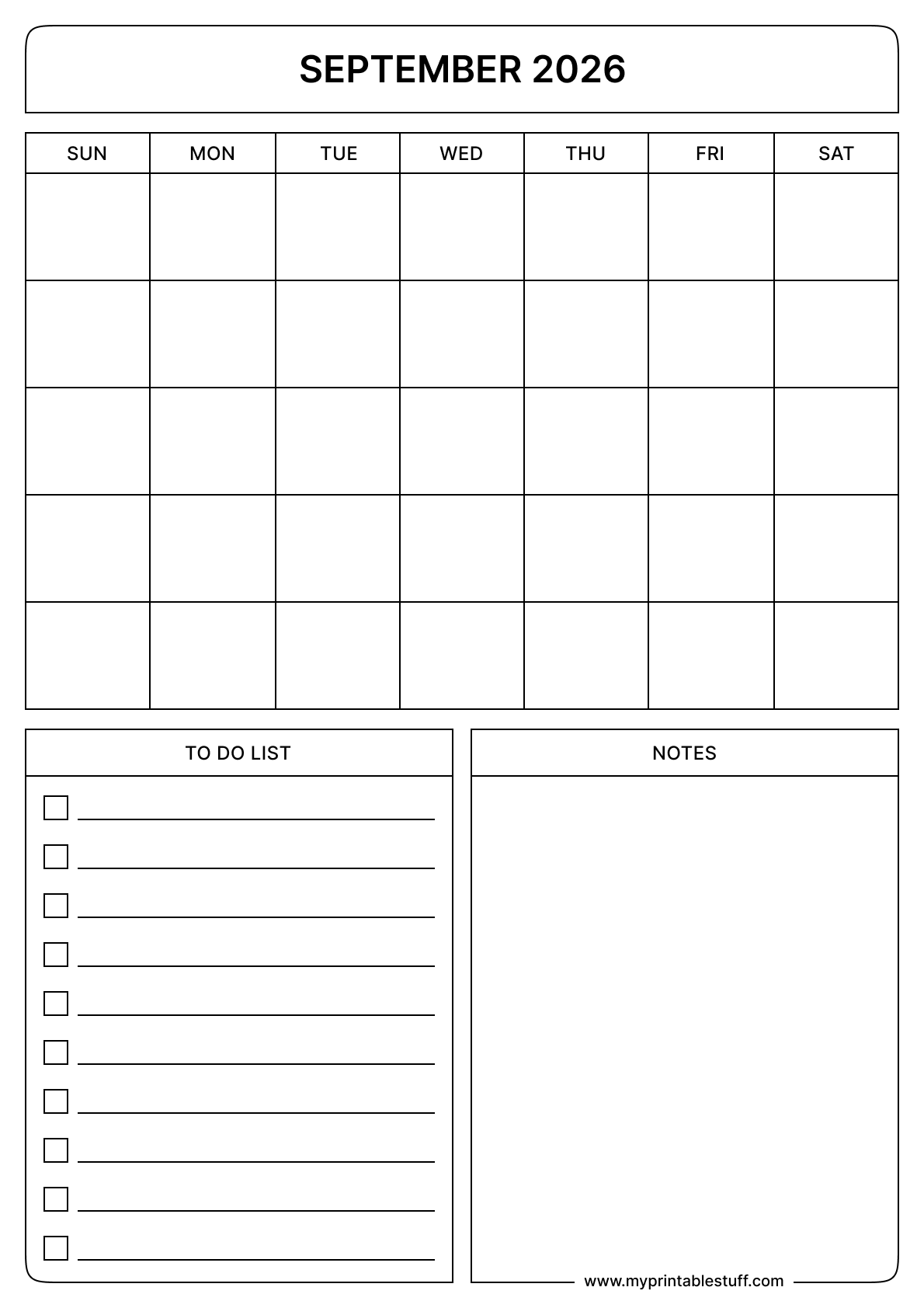 Blank Printable September 2026 Calendar Portrait