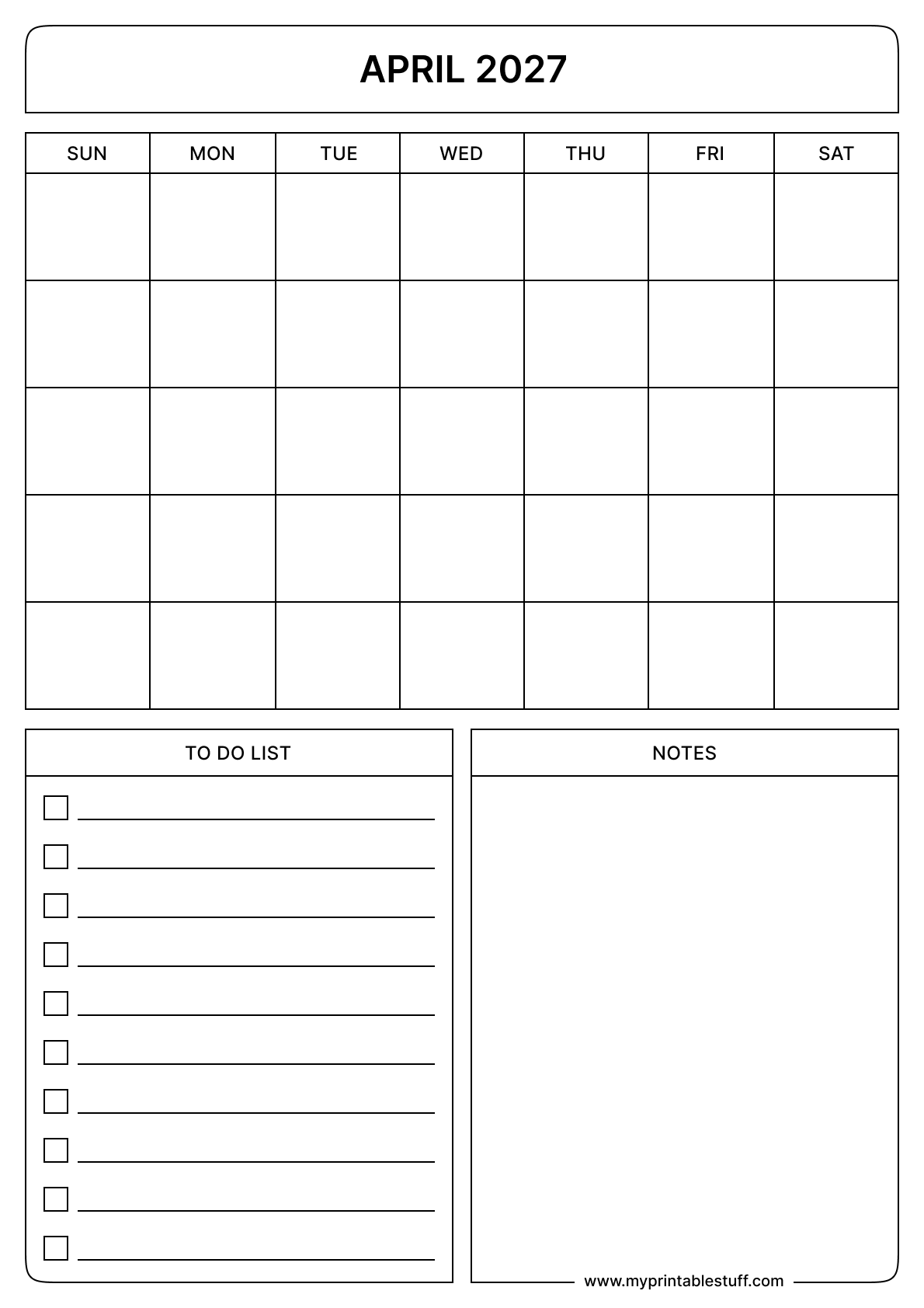 Blank Printable April 2027 Calendar Portrait