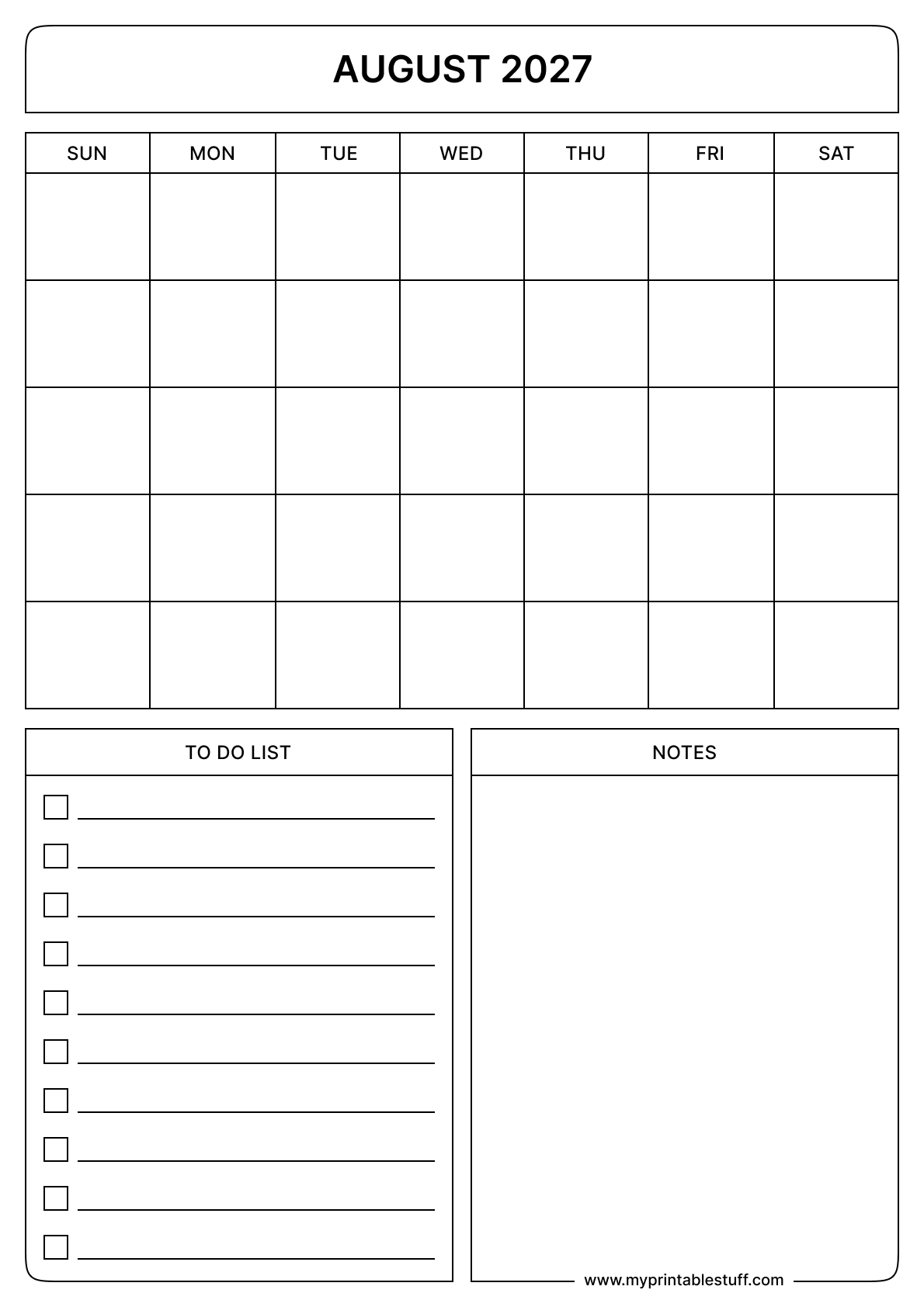 Blank Printable August 2027 Calendar Portrait