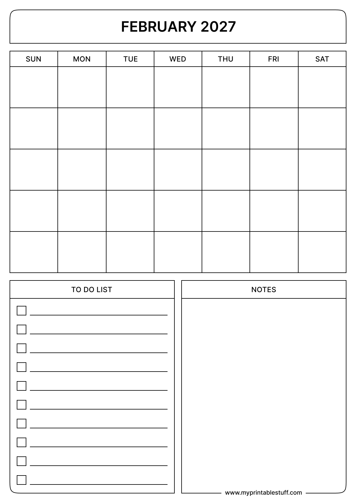 Blank Printable February 2027 Calendar Portrait