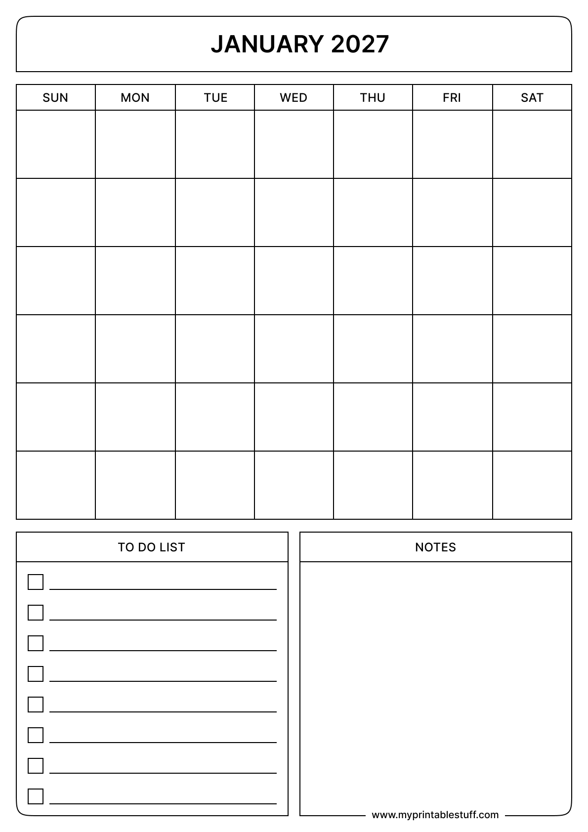 Blank Printable January 2027 Calendar Portrait