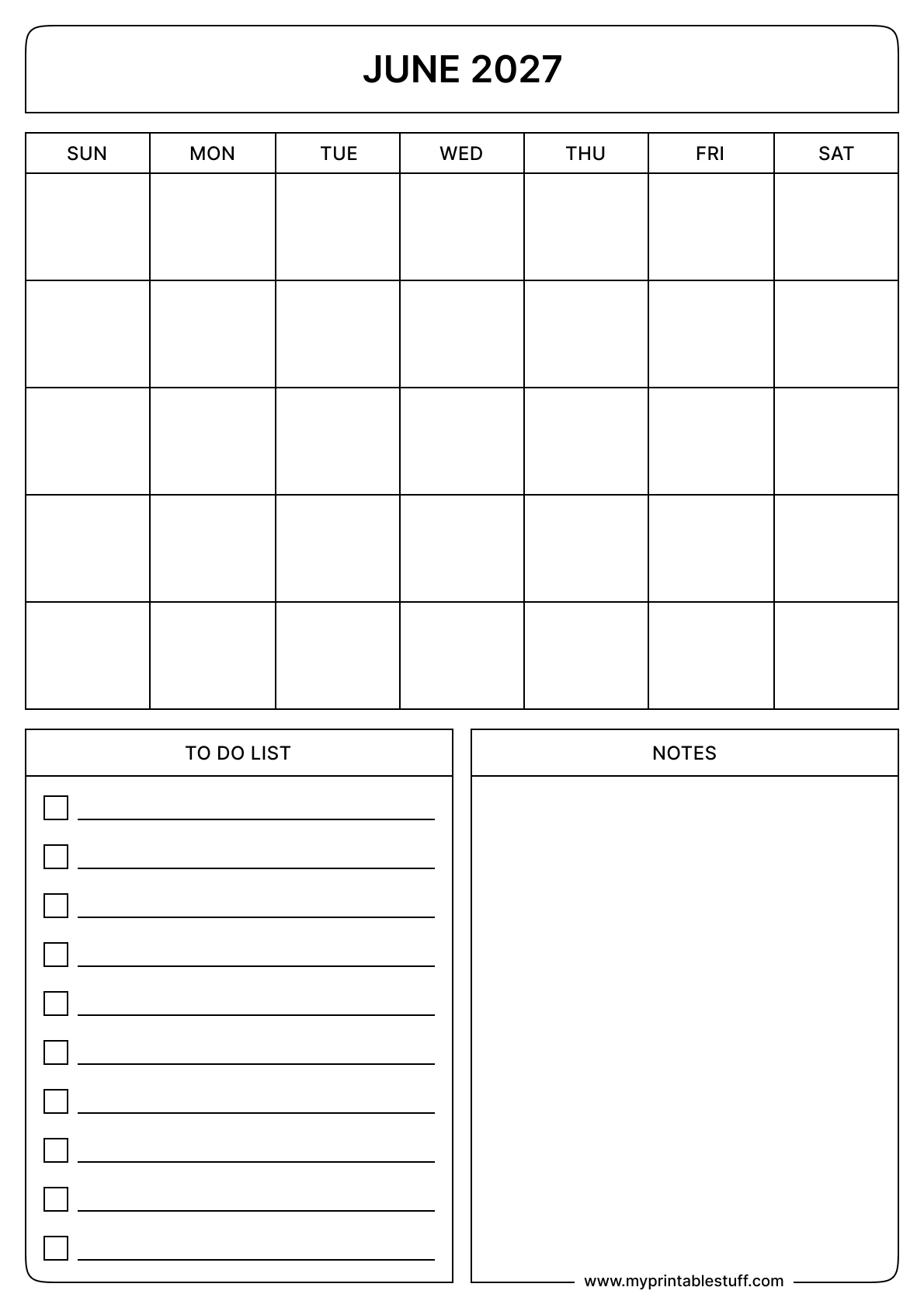 Blank Printable June 2027 Calendar Portrait