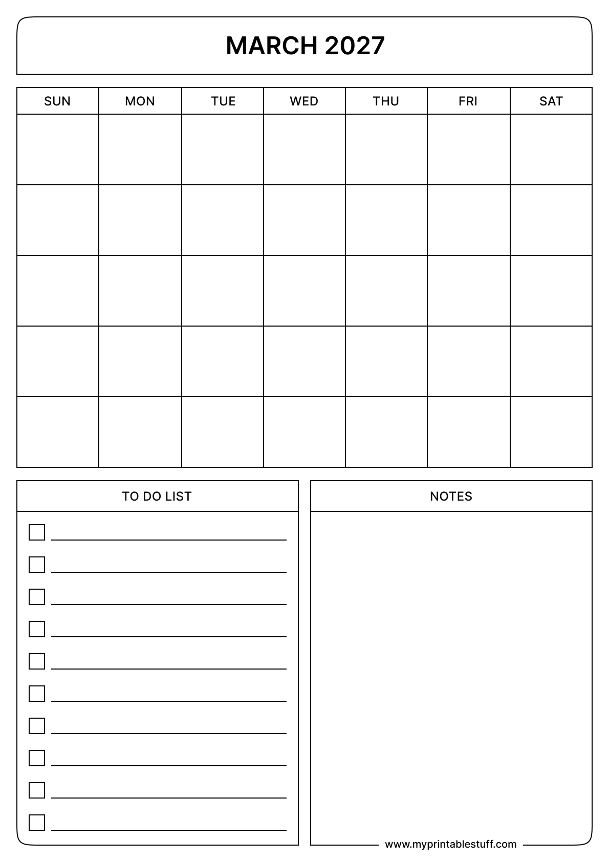 Blank Printable March 2027 Calendar Portrait