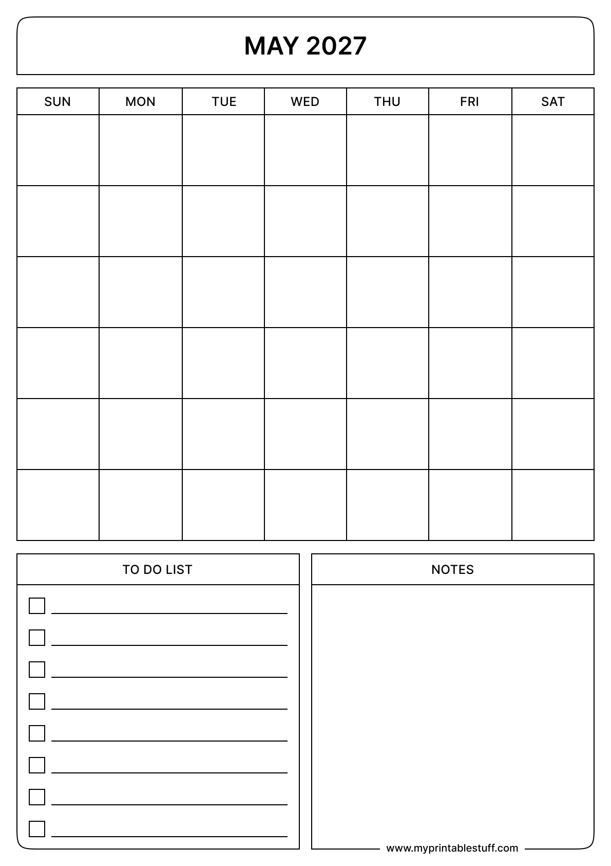 Blank Printable May 2027 Calendar Portrait