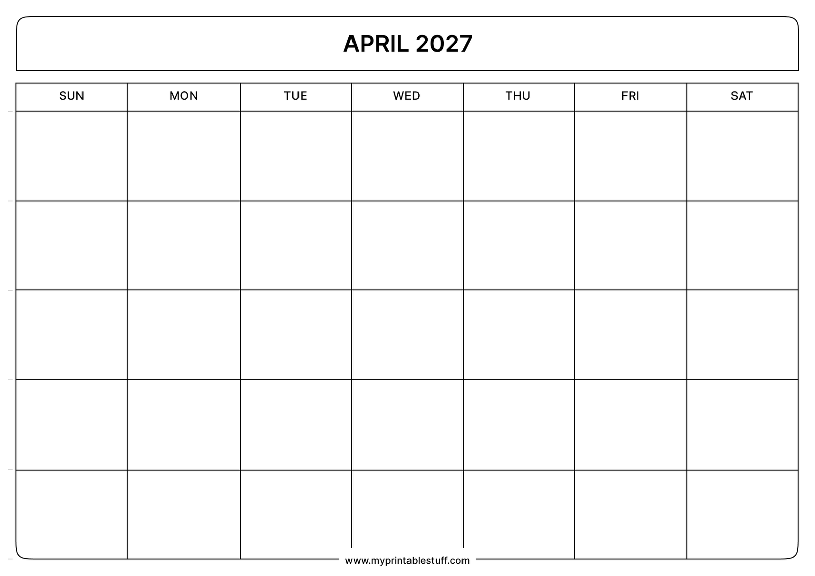Blank Printable April 2027 Calendar  Landscape