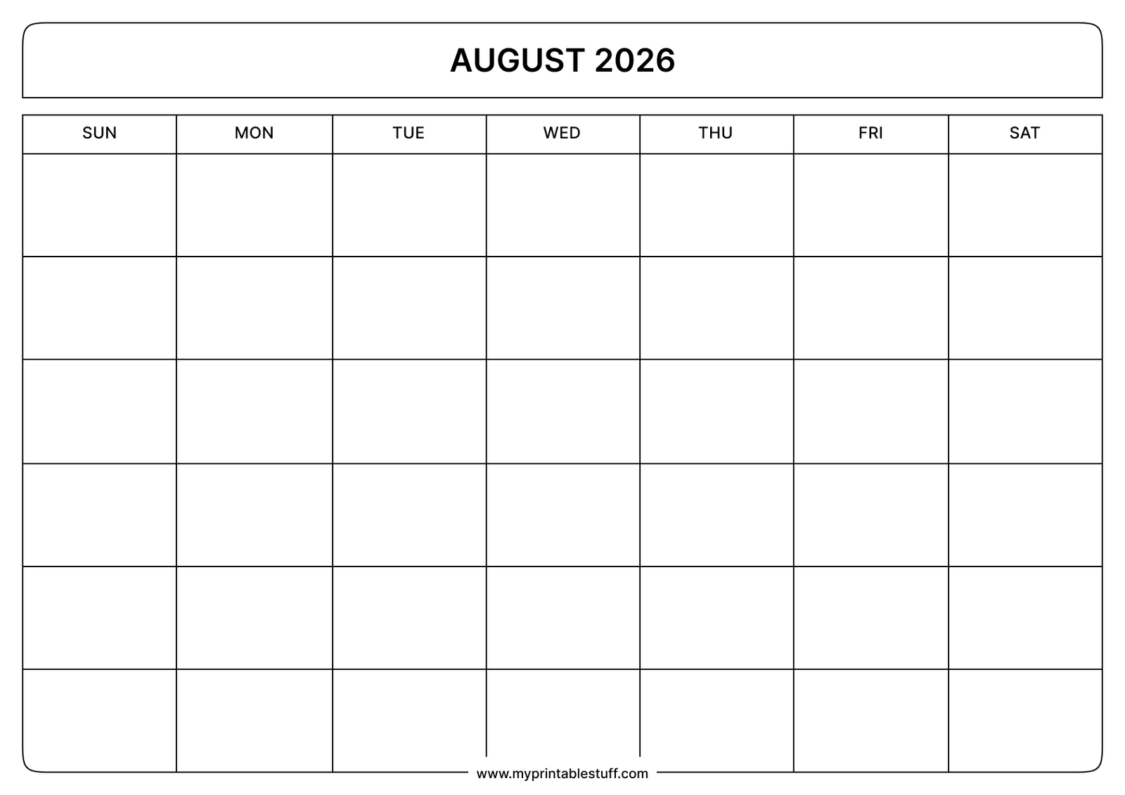 Blank Printable August 2026 Calendar - Landscape
