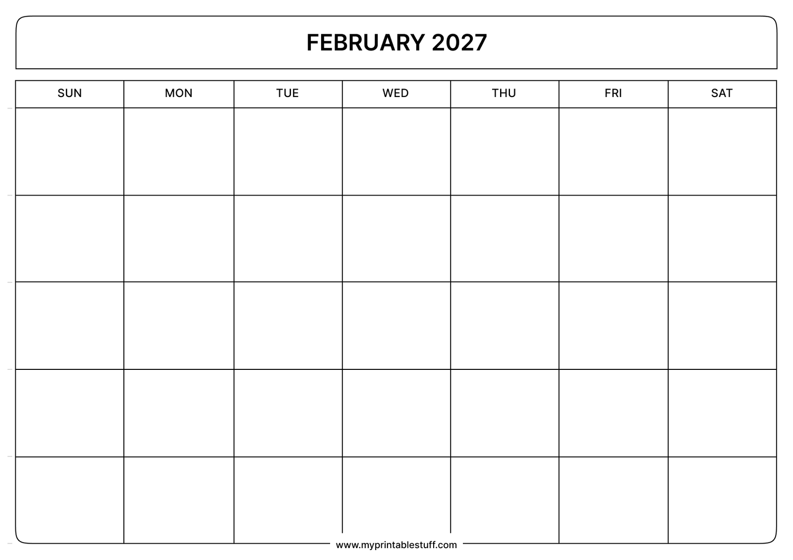 Blank Printable February 2027 Calendar Landscape