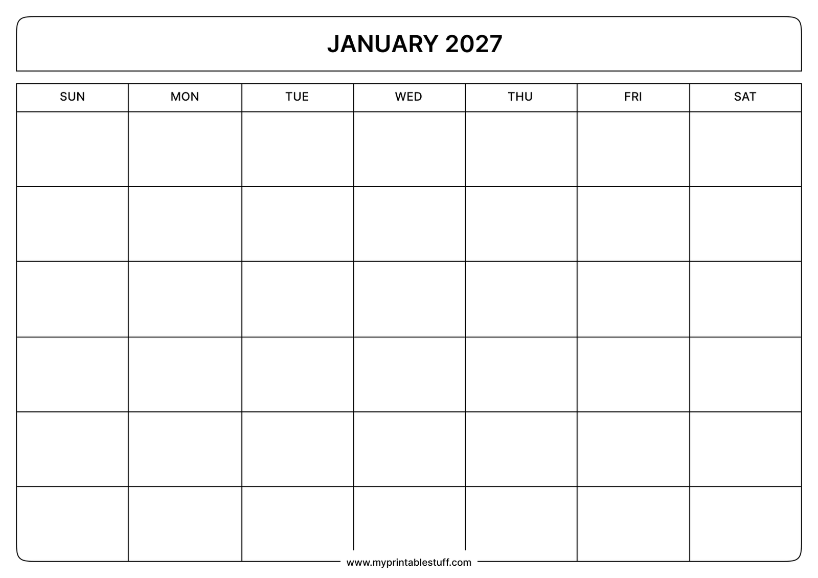 Blank Printable January 2027 Calendar Landscape