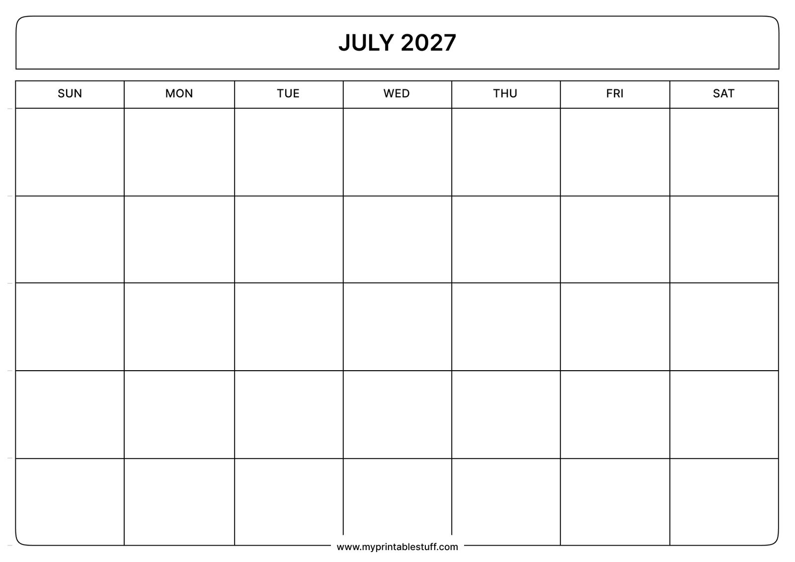 Blank Printable July 2027 Calendar Landscape