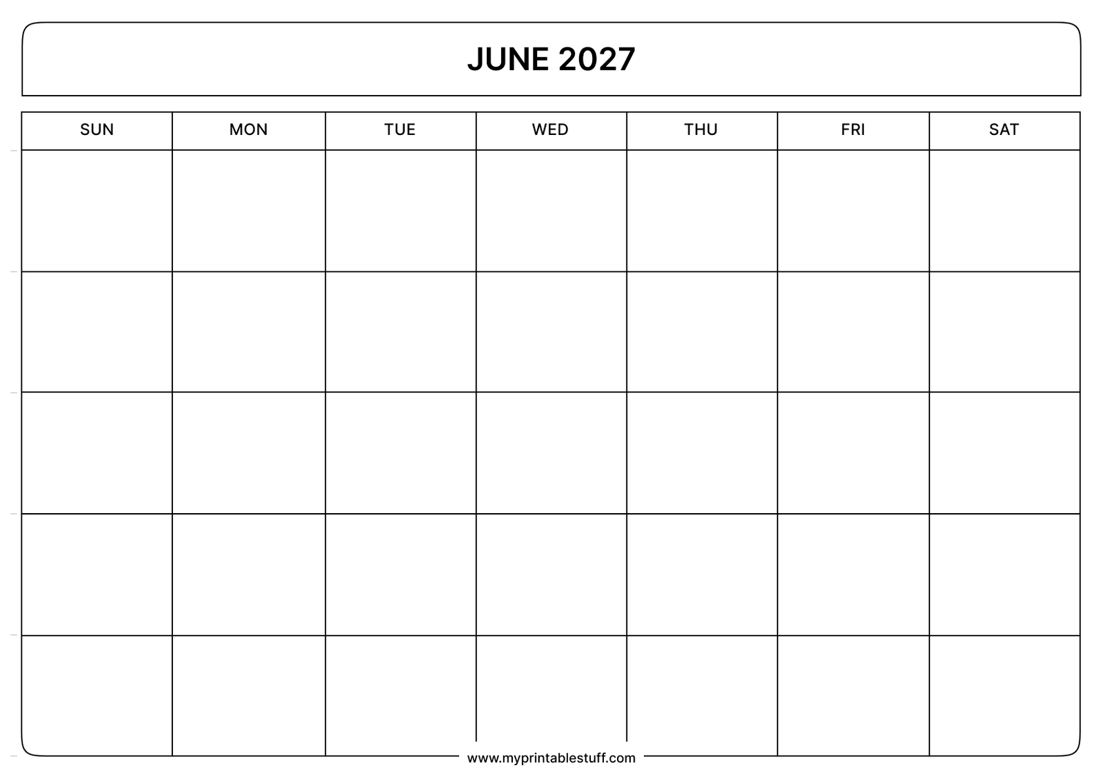Blank Printable June 2027 Calendar Landscape