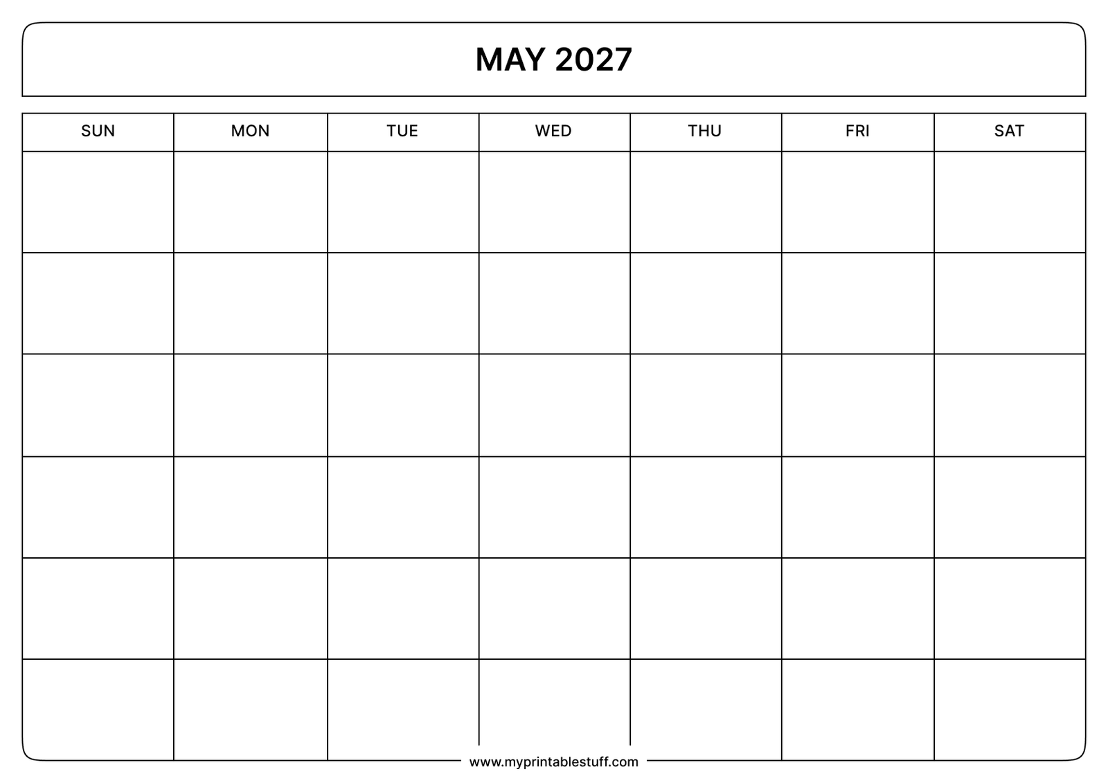 Blank Printable May 2027 Calendar Landscape