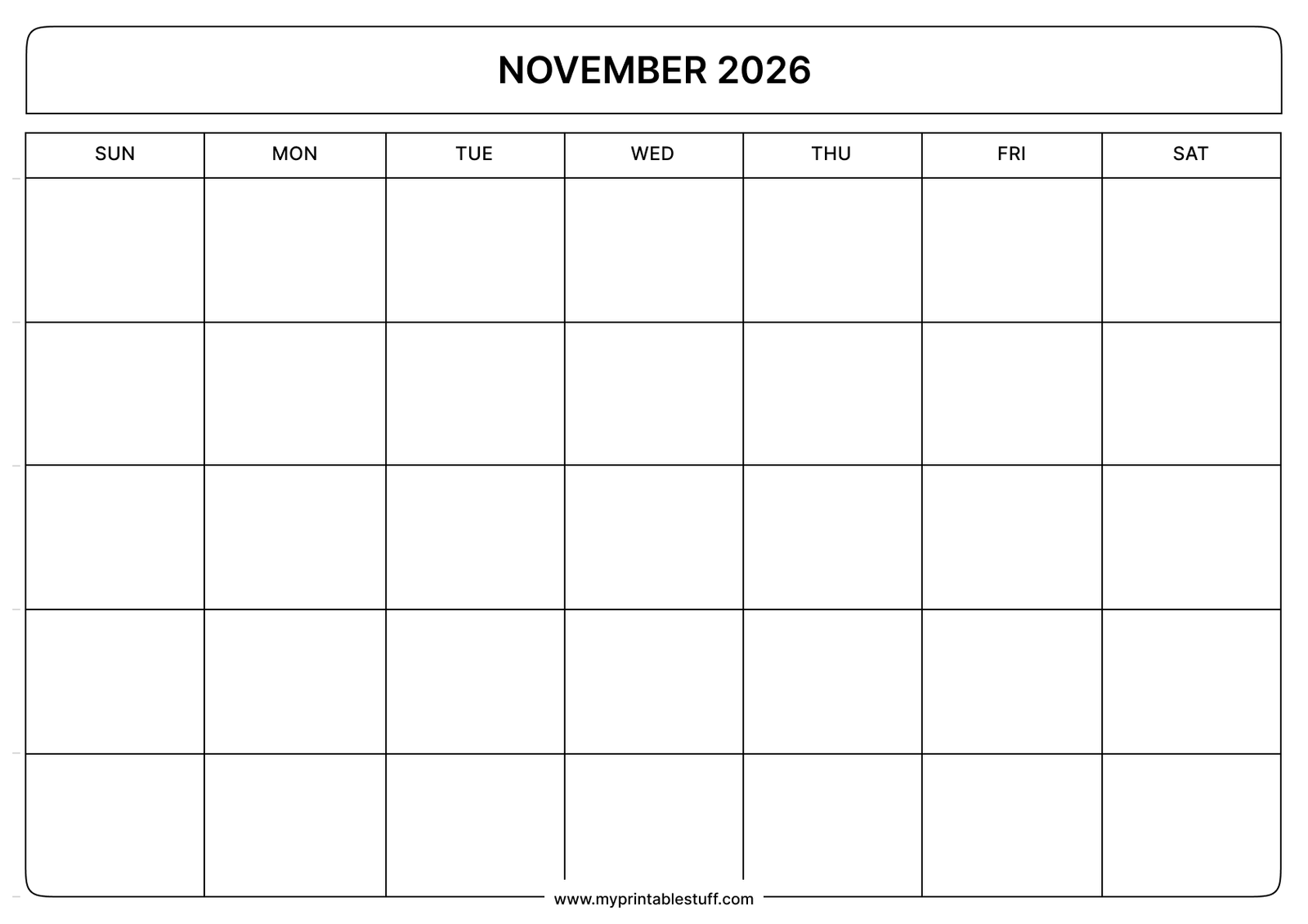 Blank Printable November 2026 Calendar Landscape