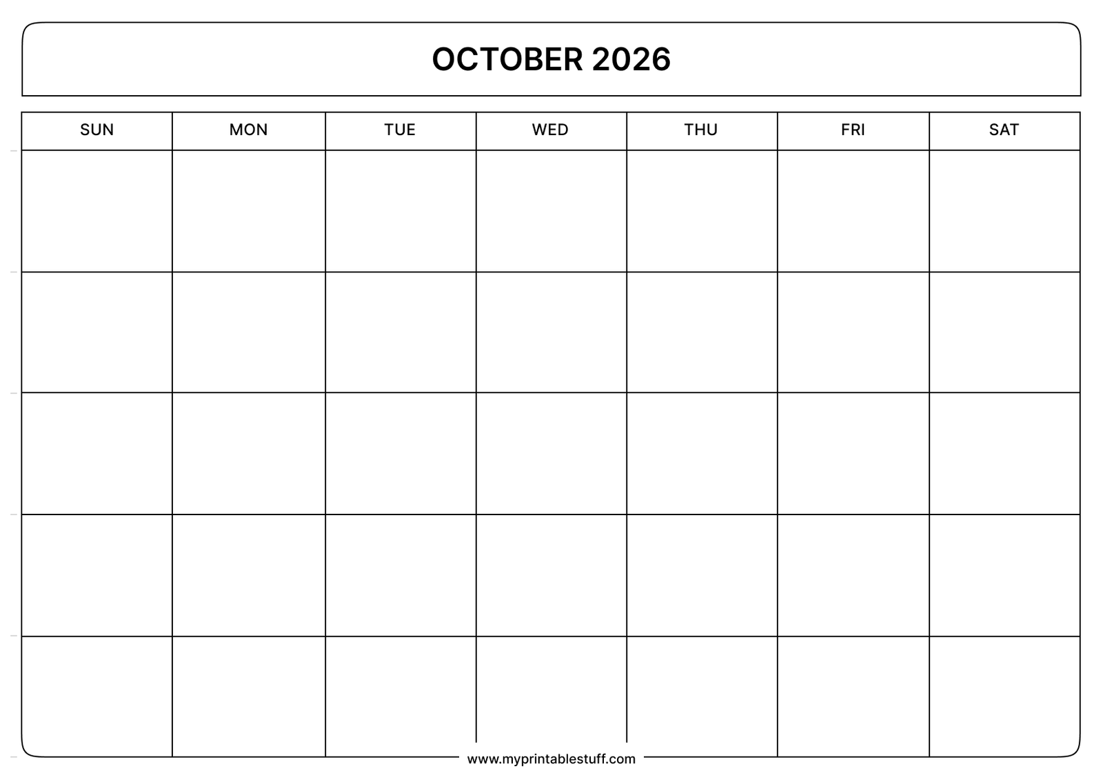Blank Printable October 2026 Calendar Landscape