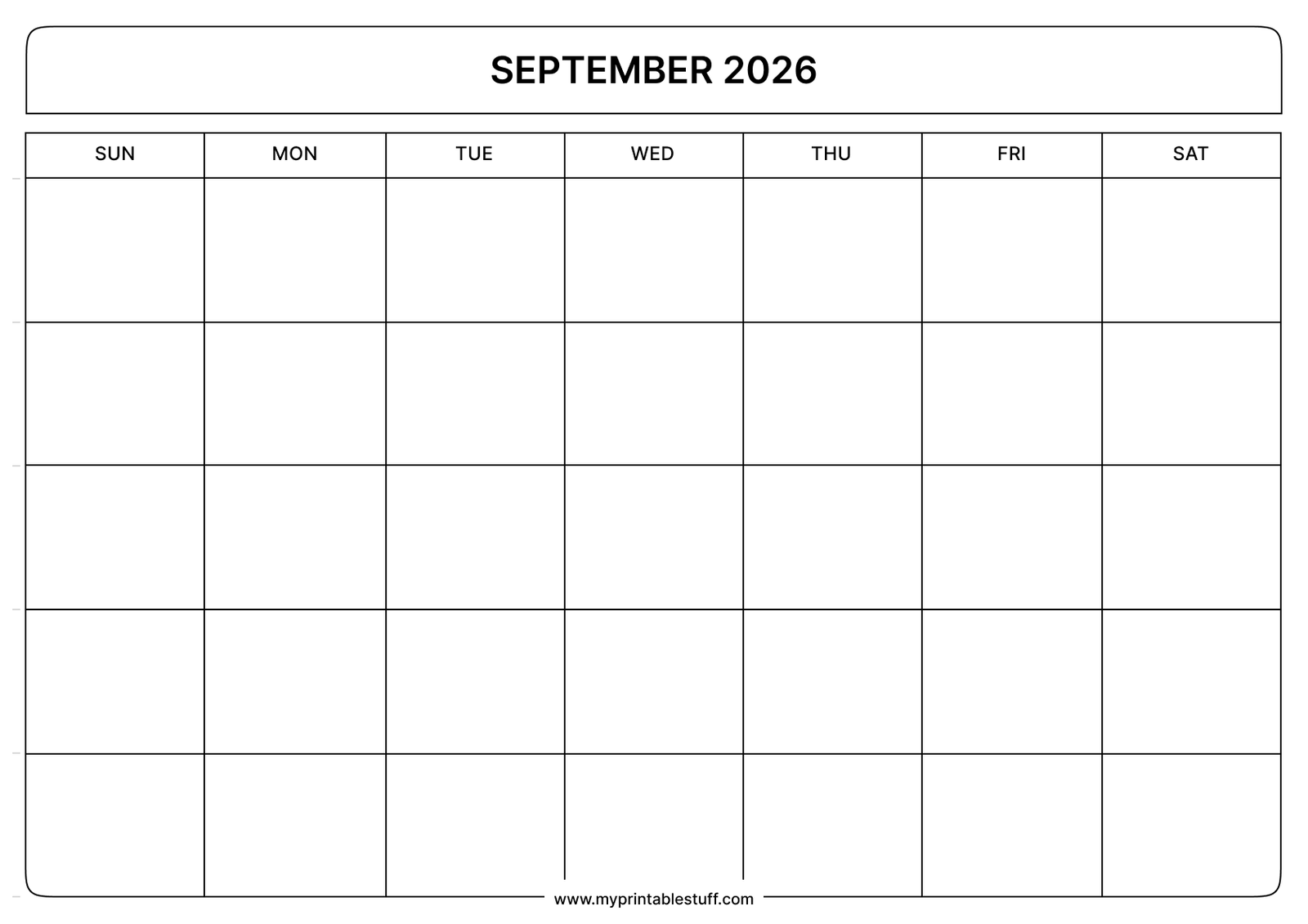 Blank Printable September 2026 Calendar Landscape