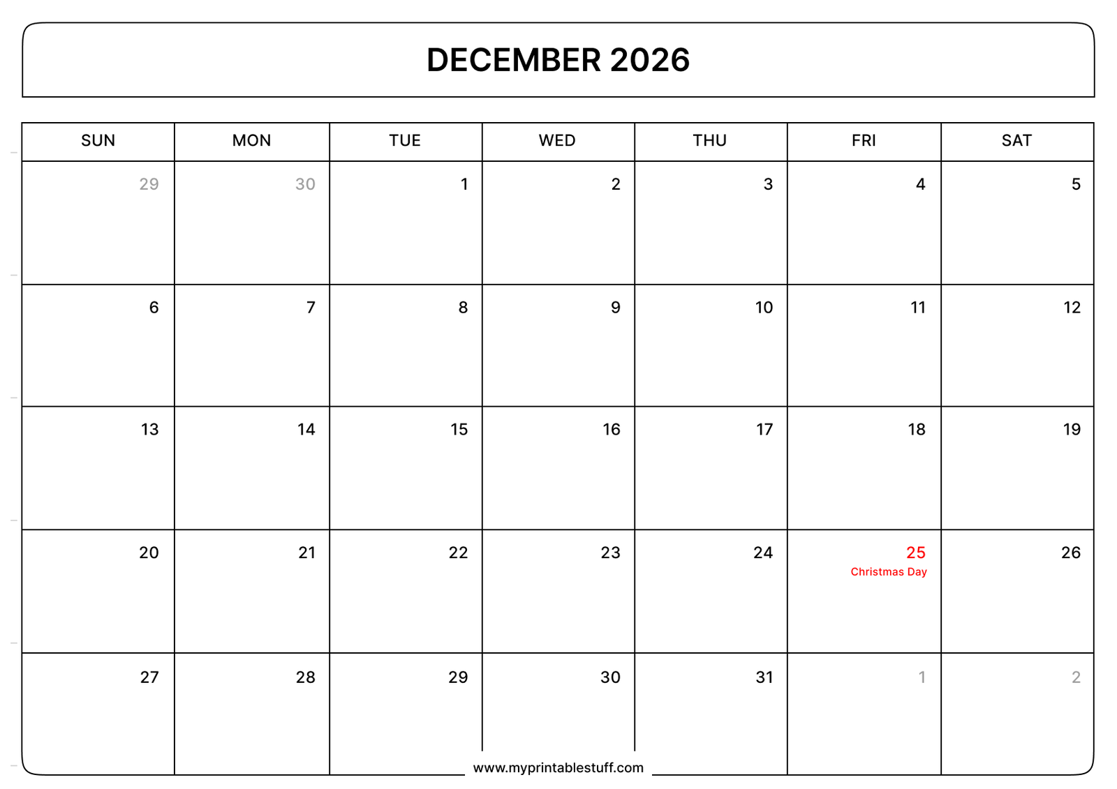 December 2026 Calendar With US Holidays Landscape