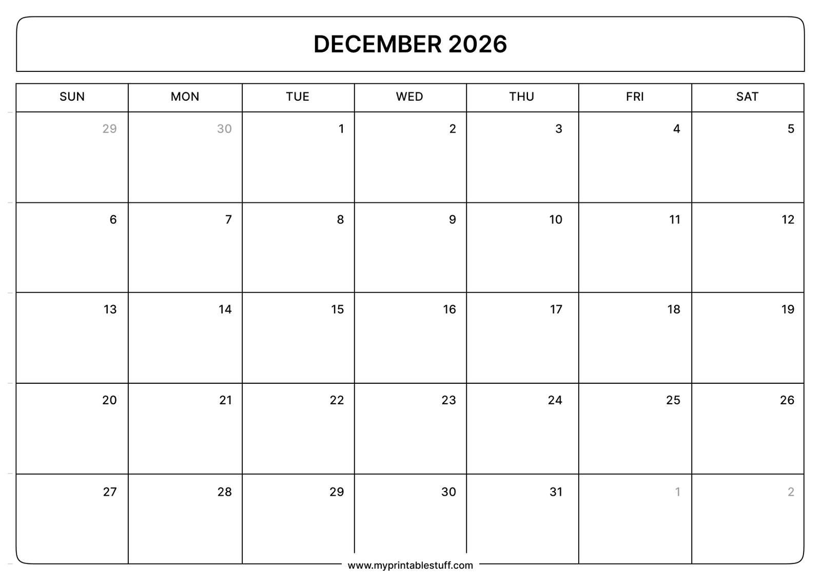 December 2026 Calendar Landscape