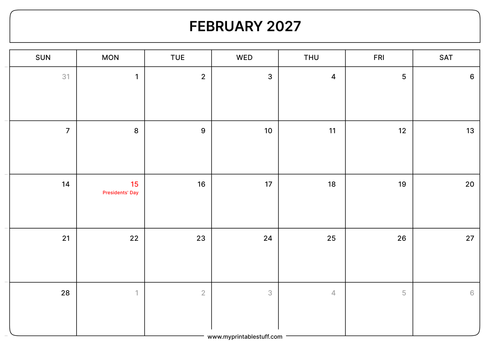Printable February 2027 Calendar With US Holidays Landscape