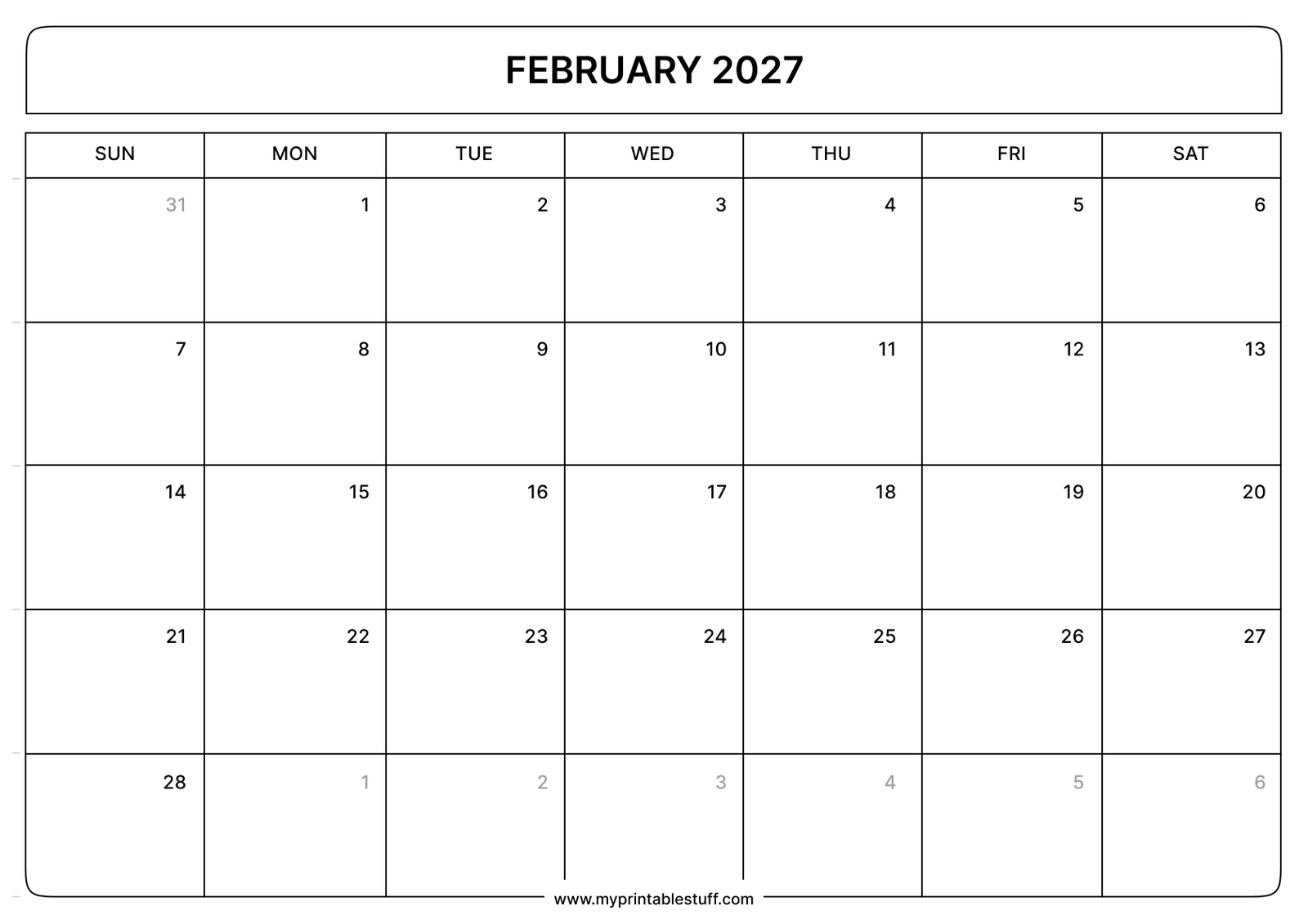 February 2027 Calendar  Landscape