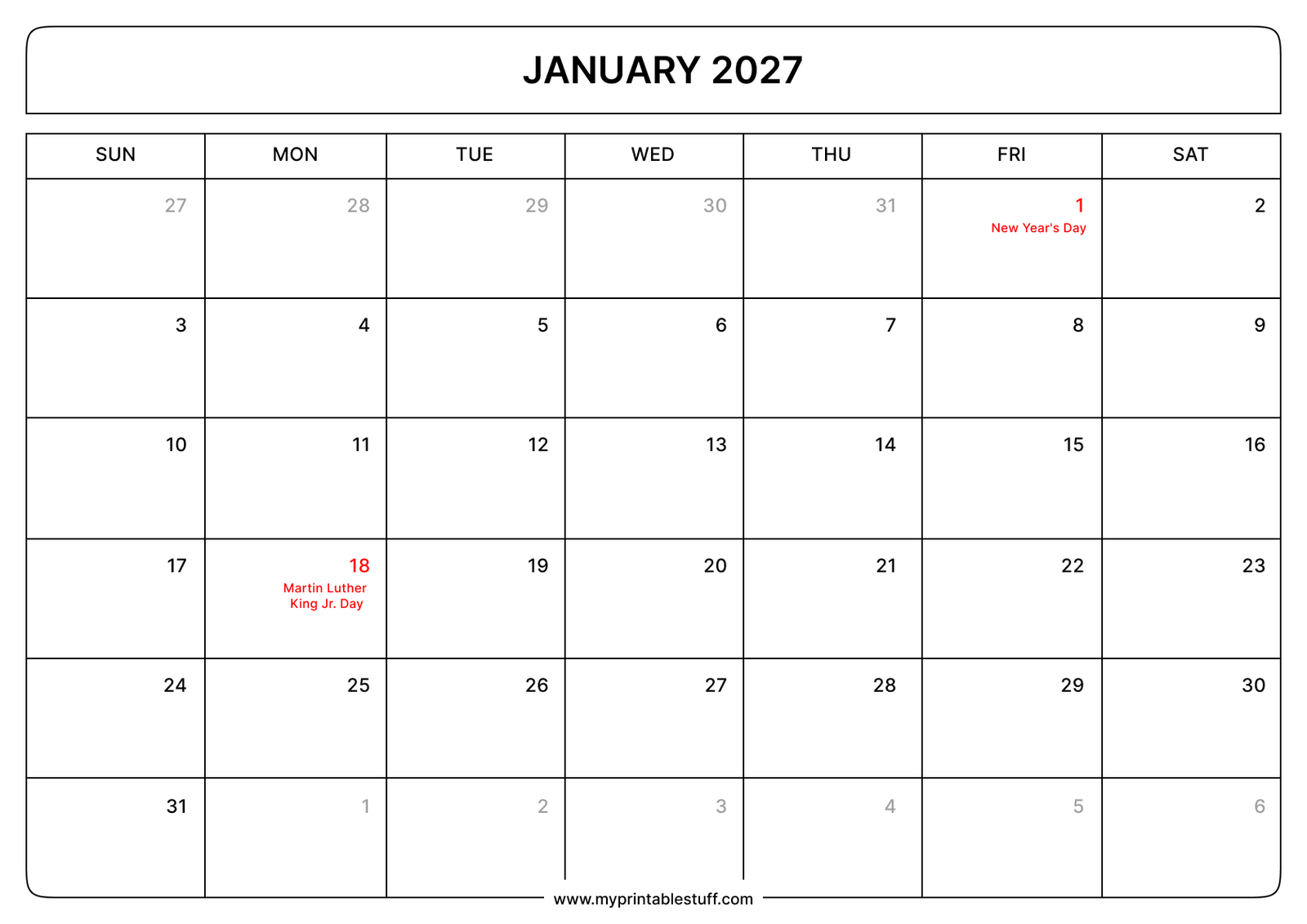 Printable January 2027 Calendar With US Holidays Landscape
