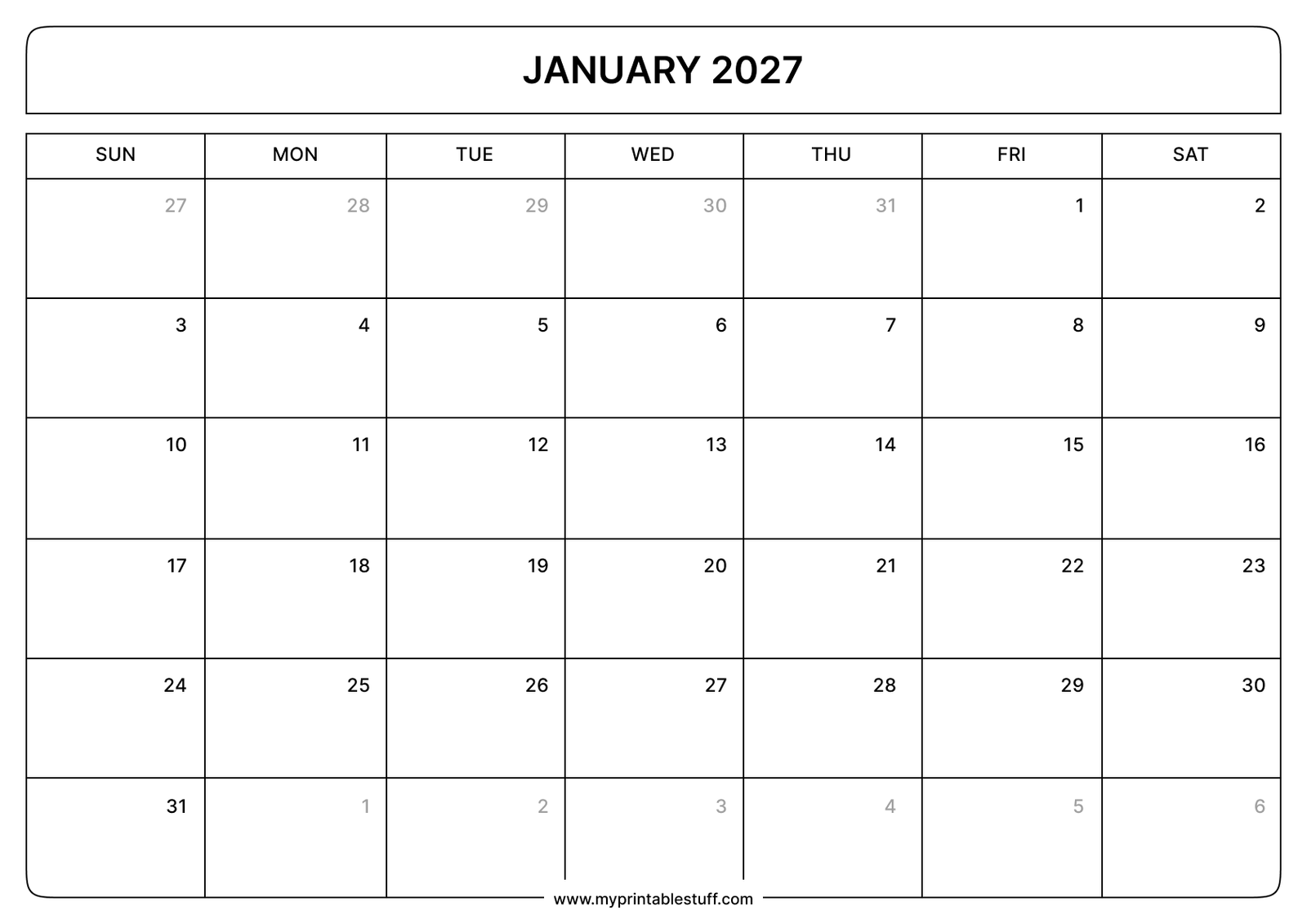 January 2027 Calendar Landscape